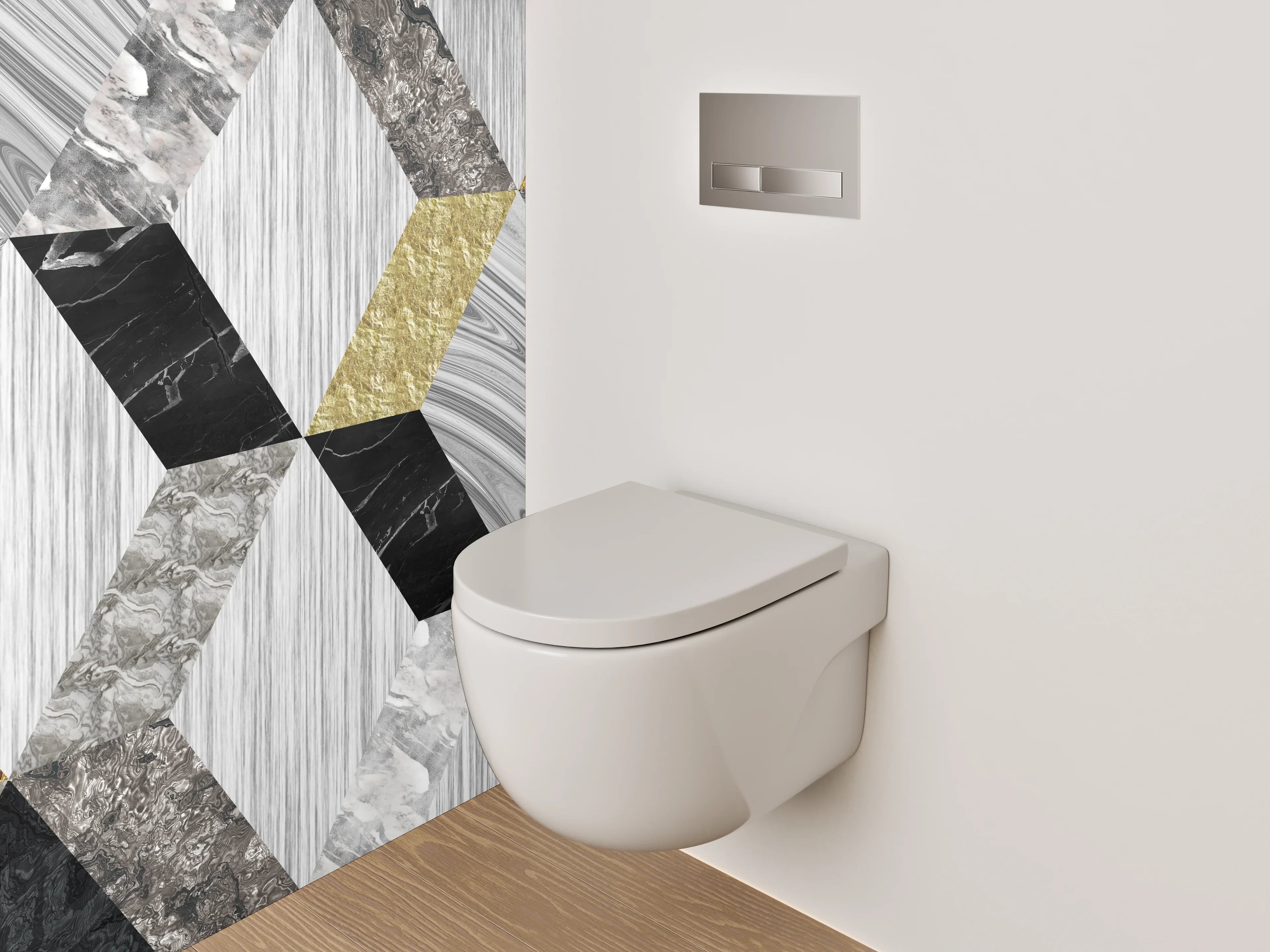 WC-Rückwand - Geometrische Marmor-Mosaikoptik in Weiß, Grau, Gold