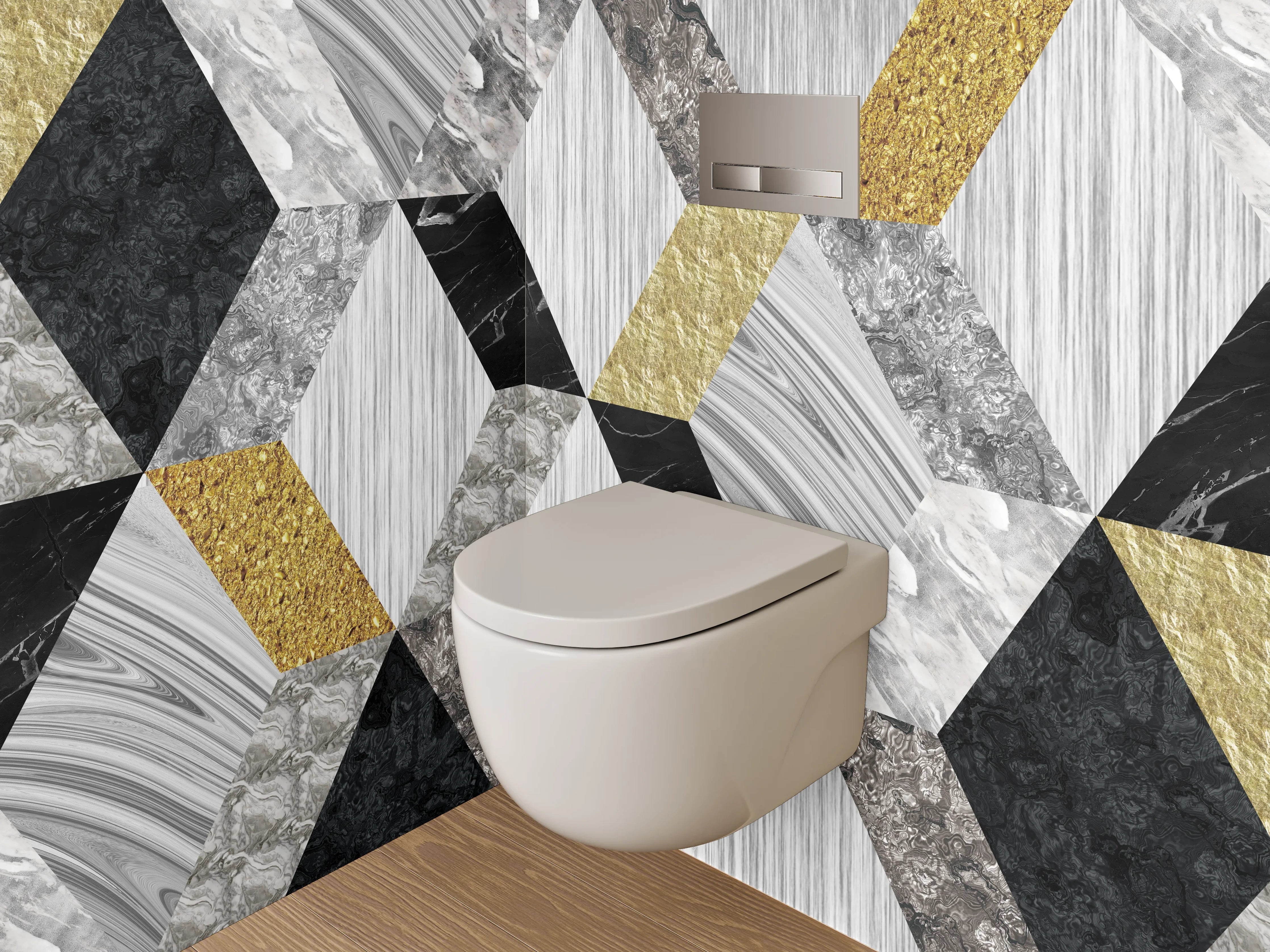 WC-Rückwand - Geometrische Marmor-Mosaikoptik in Weiß, Grau, Gold