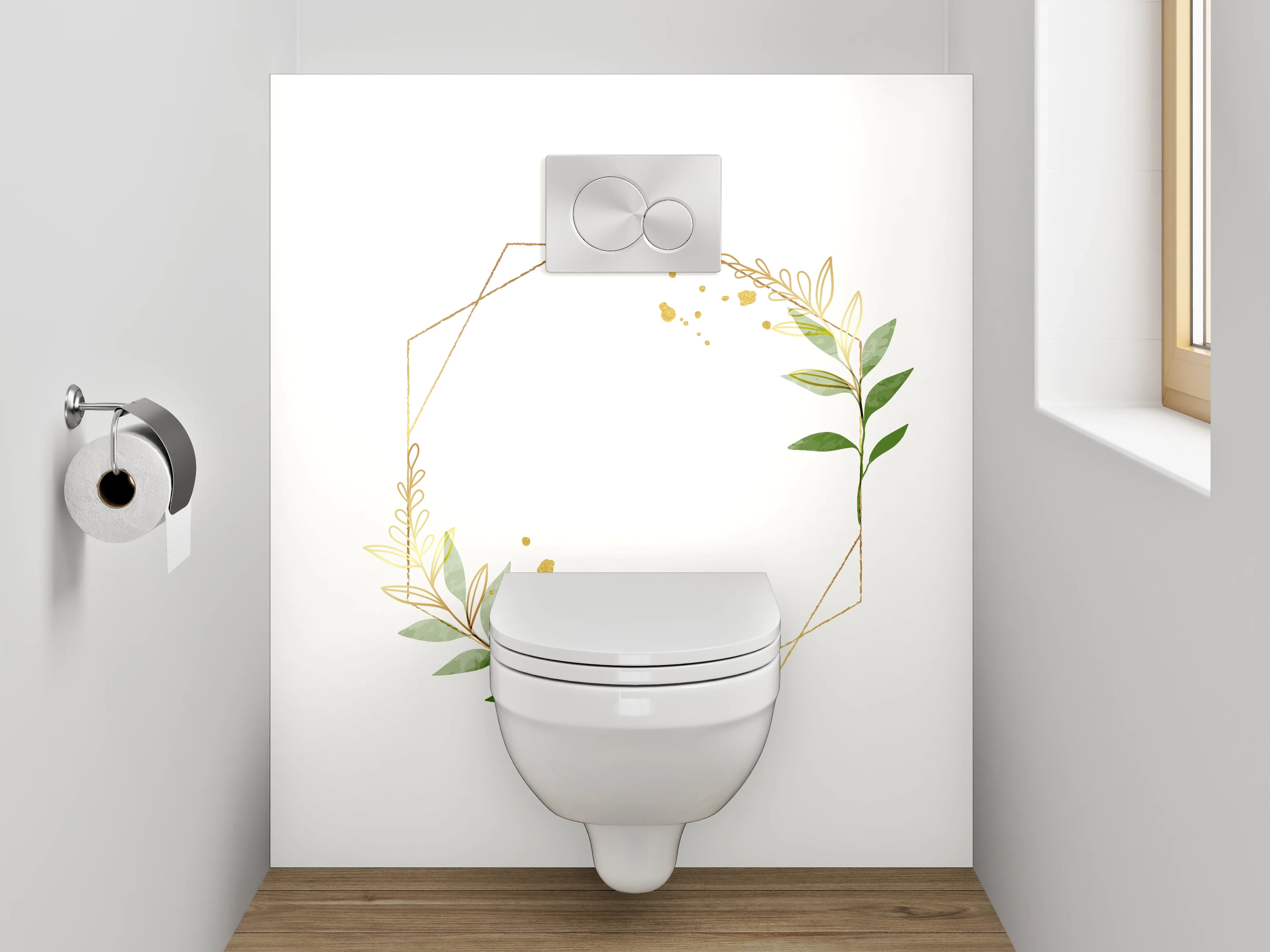 WC-Rückwand - Geometrischer Blätterrahmen auf Weiß