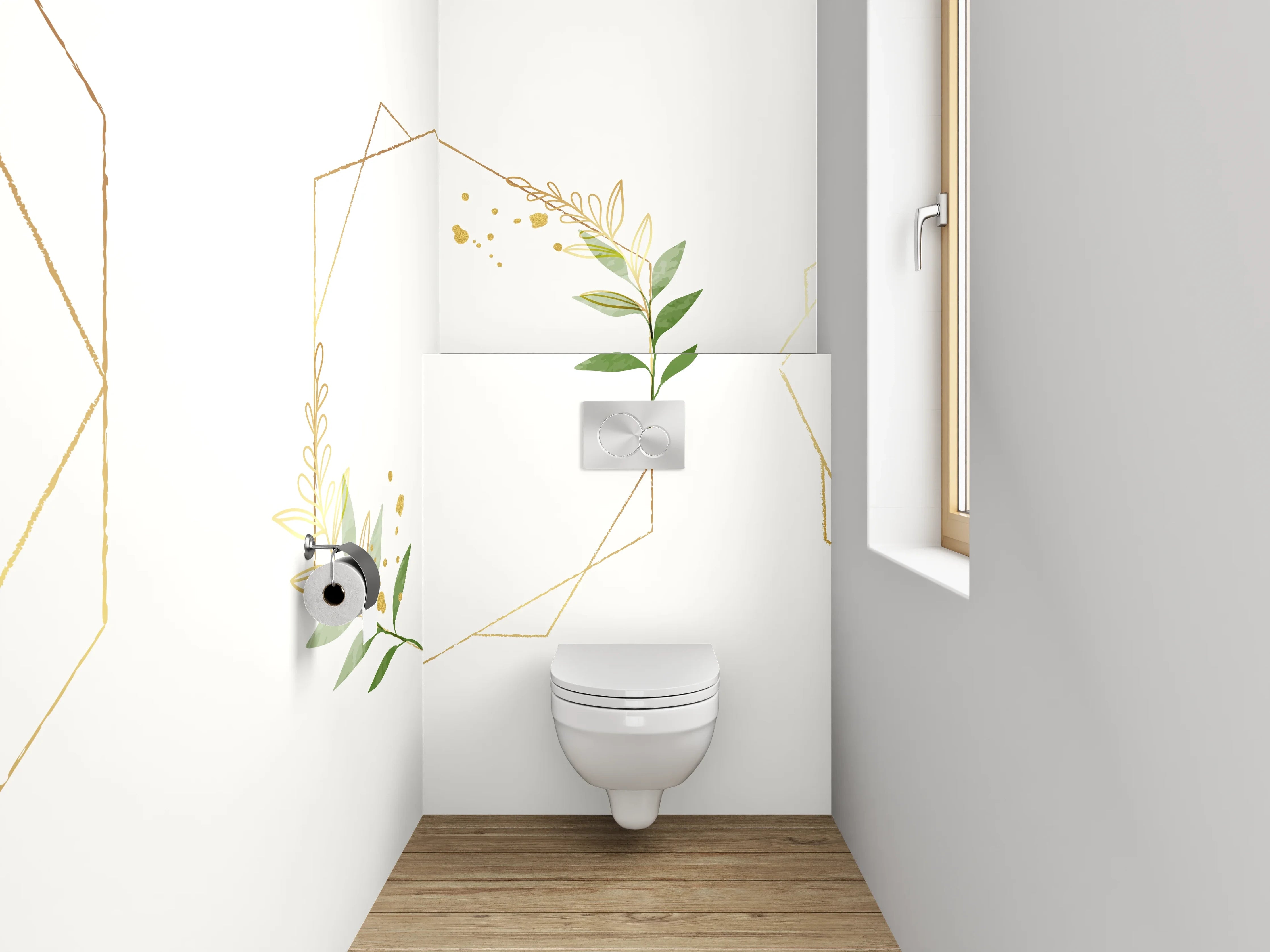 WC-Rückwand - Geometrischer Blätterrahmen auf Weiß