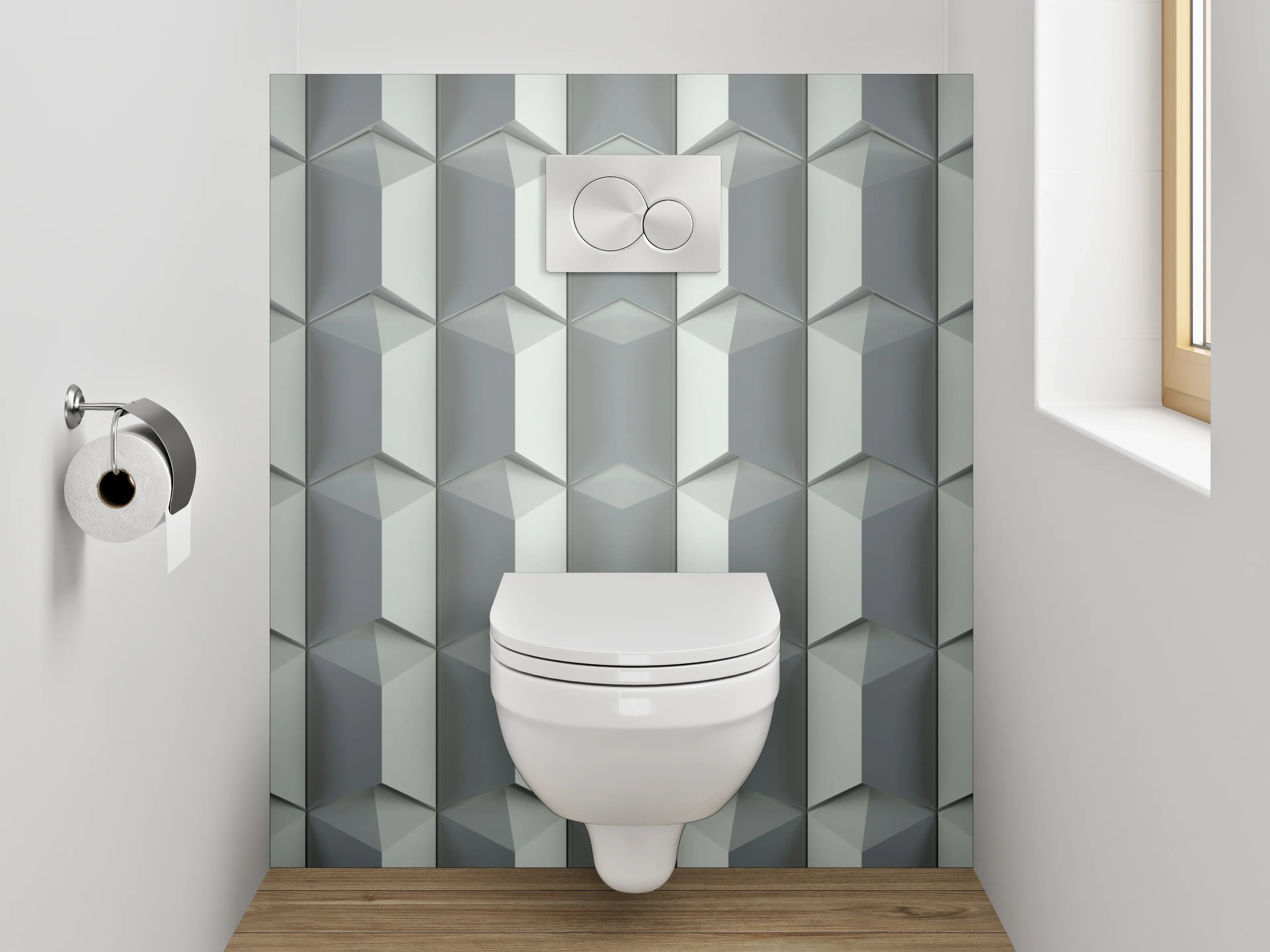 WC-Rückwand - Geometrisches 3D-Muster Grau Metallic