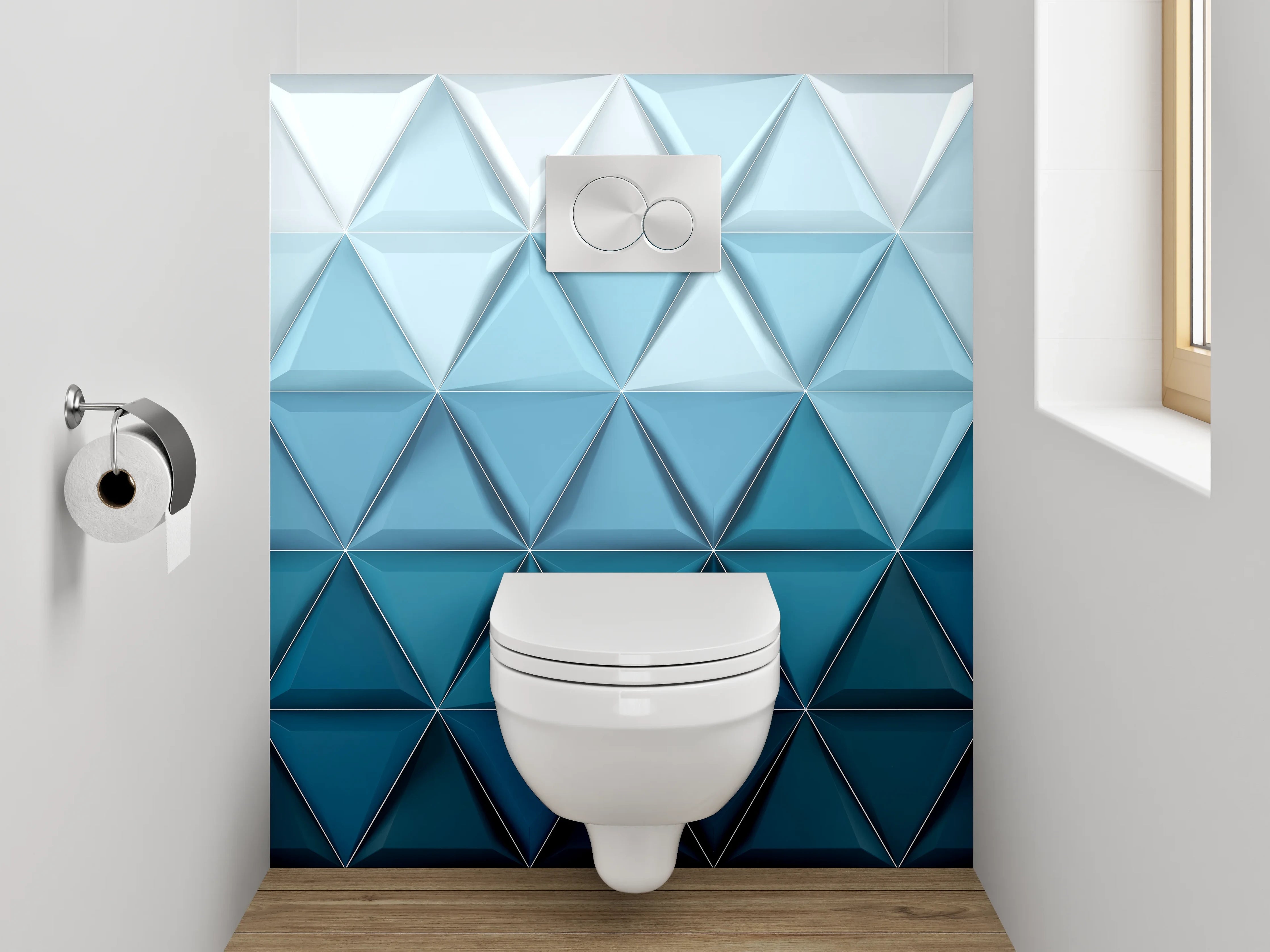 WC-Rückwand - Geometrisches 3D-Muster in Blautönen