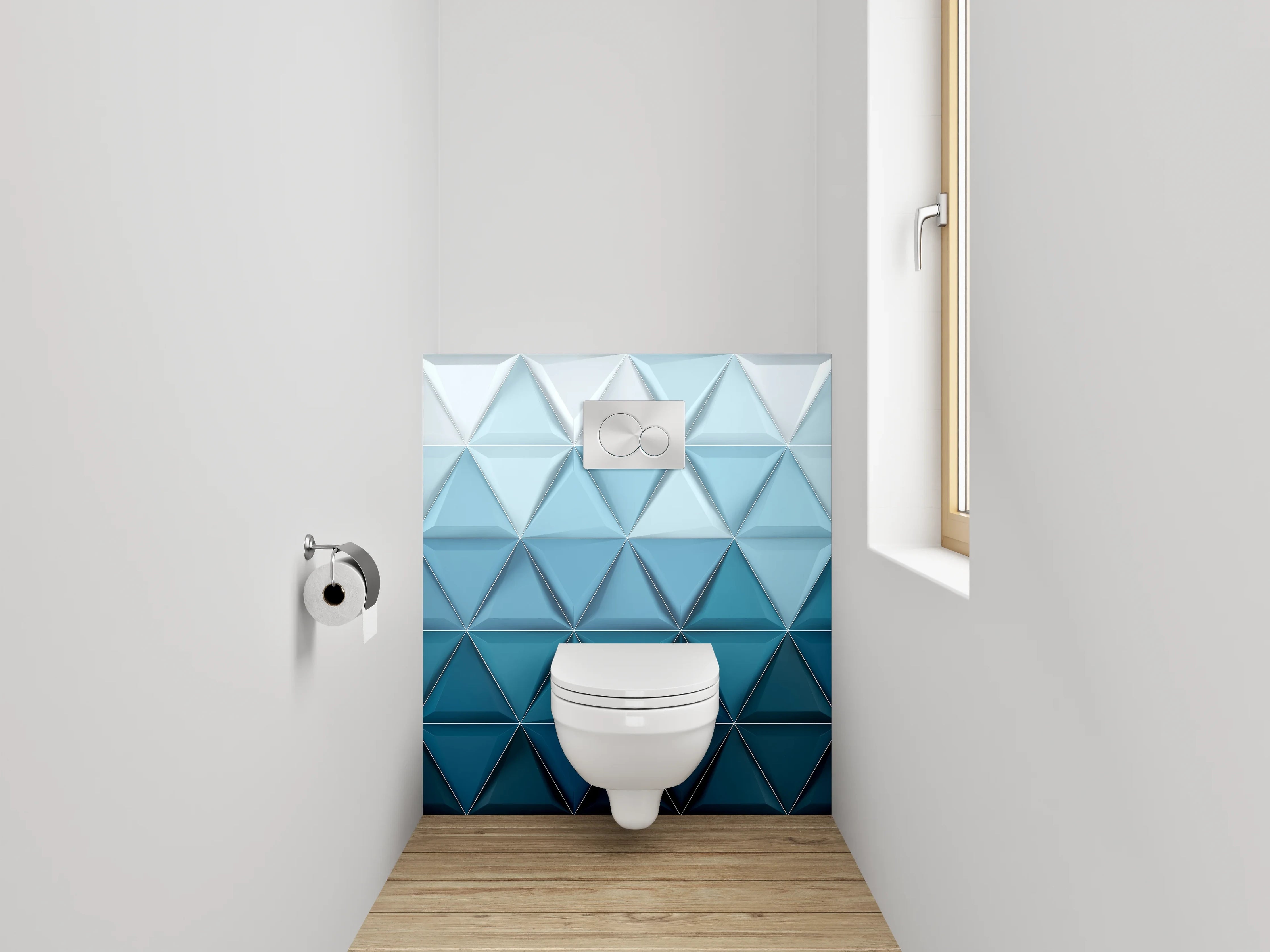 WC-Rückwand - Geometrisches 3D-Muster in Blautönen
