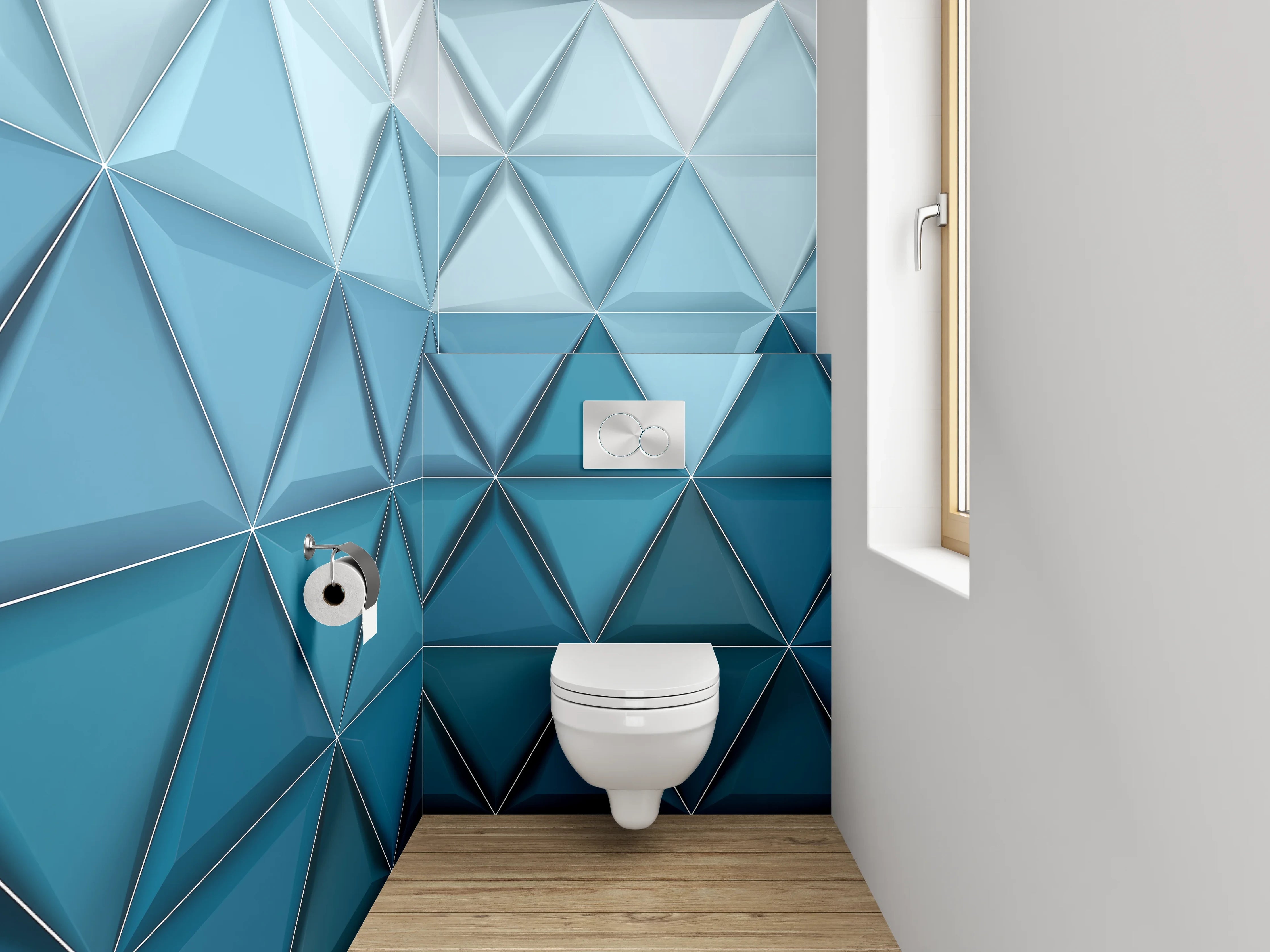 WC-Rückwand - Geometrisches 3D-Muster in Blautönen