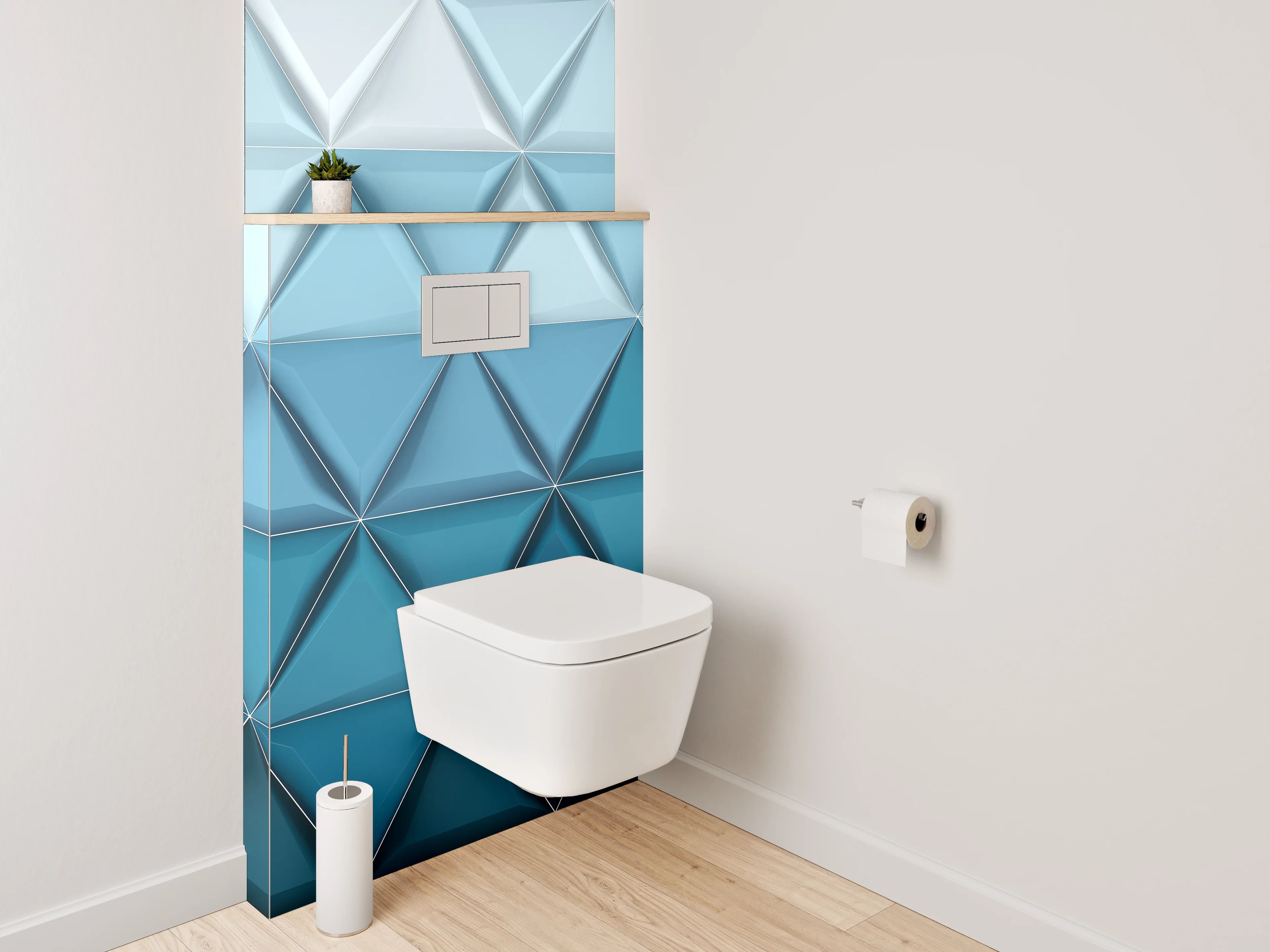 WC-Rückwand - Geometrisches 3D-Muster in Blautönen