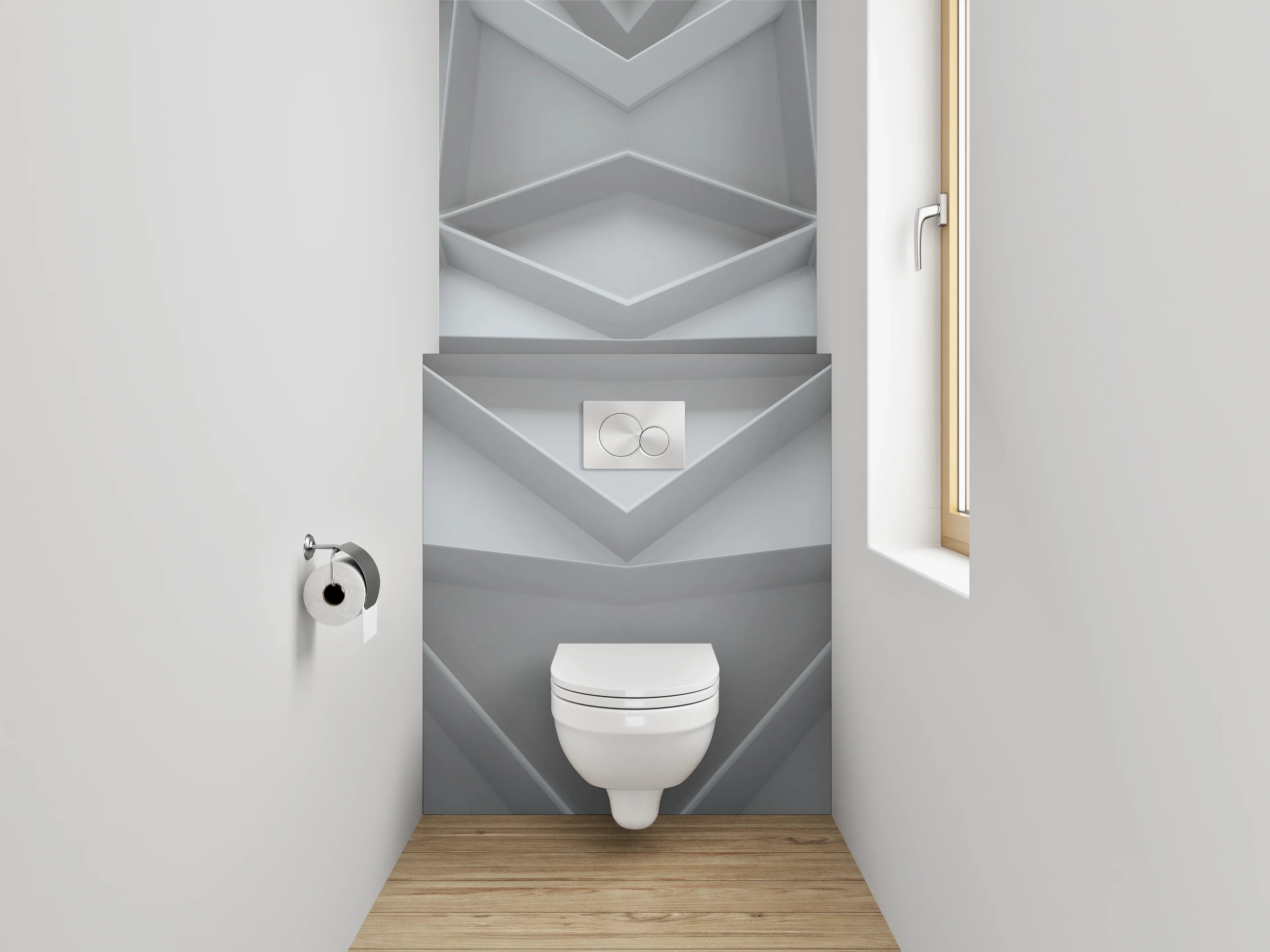 WC-Rückwand - Geometrisches 3D-Muster in Weiß und Grau