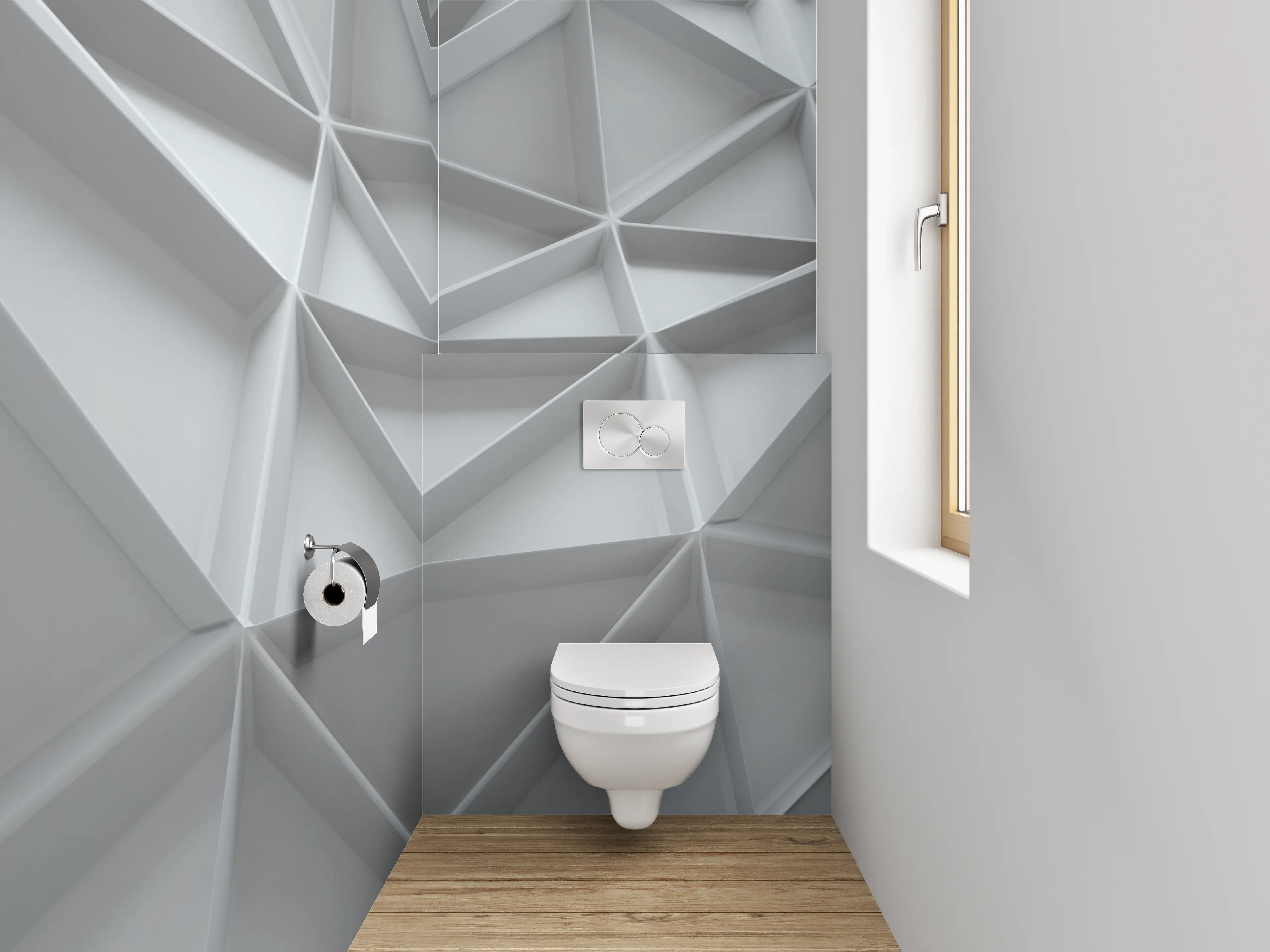 WC-Rückwand - Geometrisches 3D-Muster in Weiß und Grau