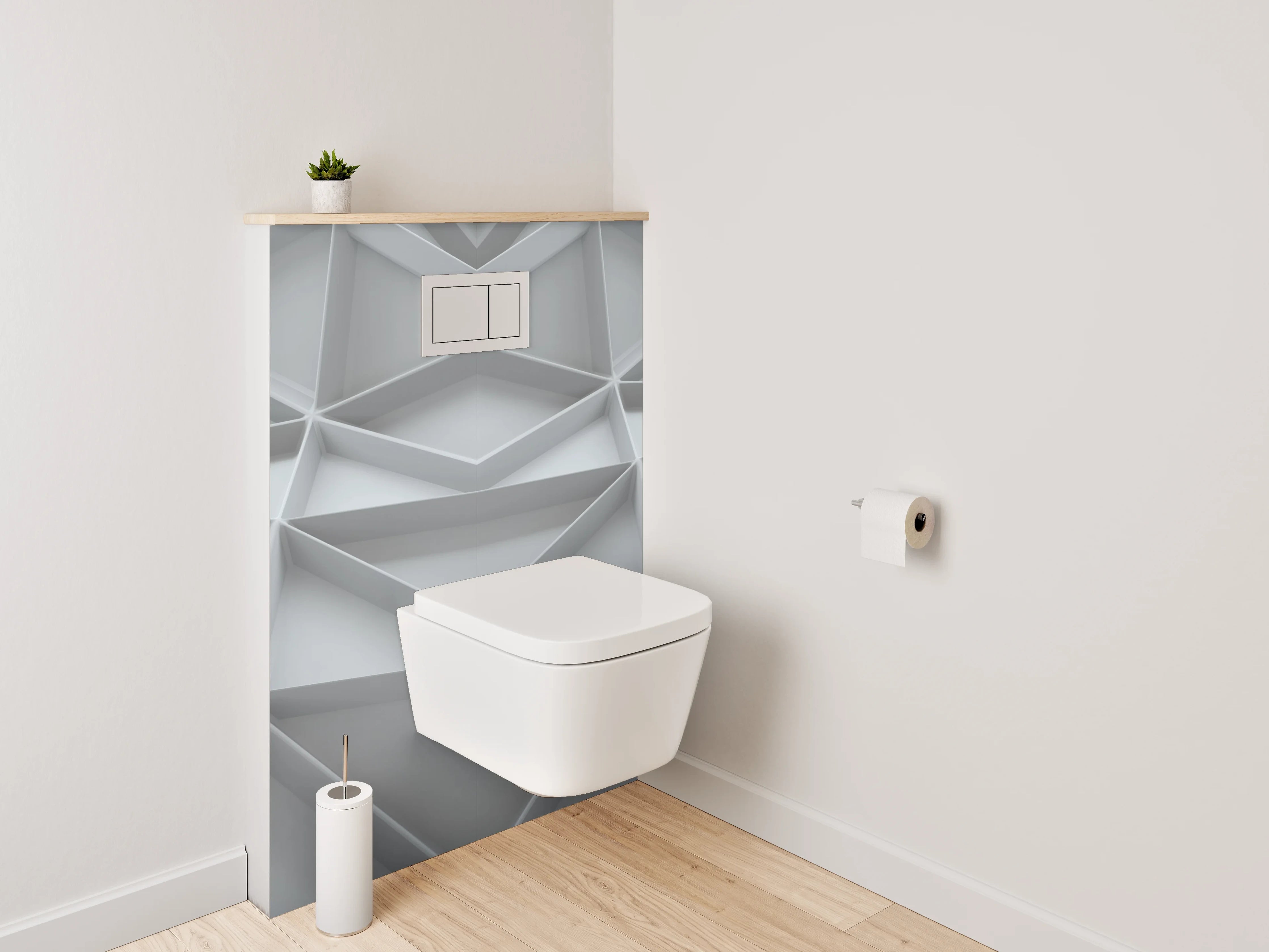 WC-Rückwand - Geometrisches 3D-Muster in Weiß und Grau