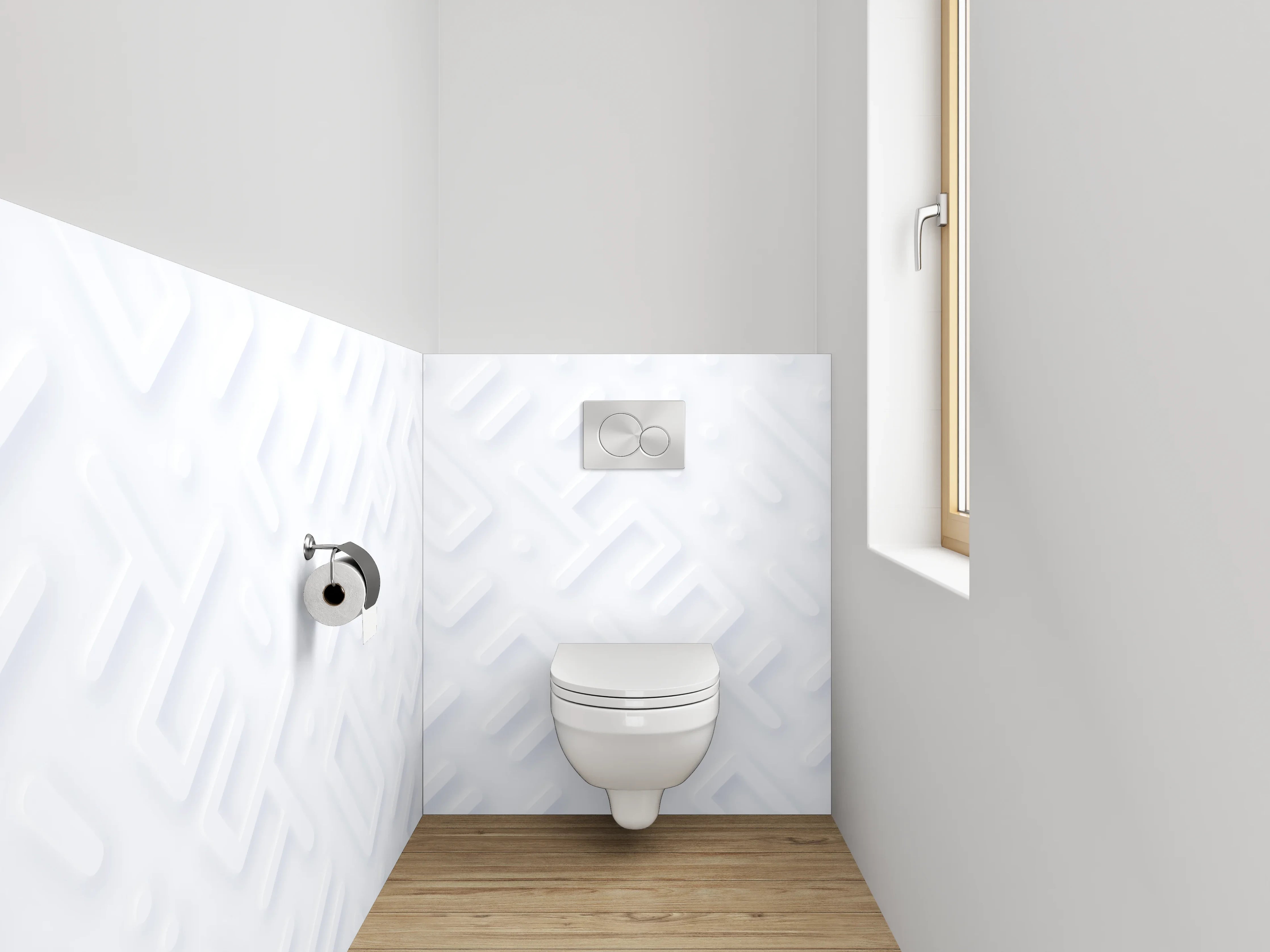 WC-Rückwand - Geometrisches 3D-Muster in Weiß und Hellgrau