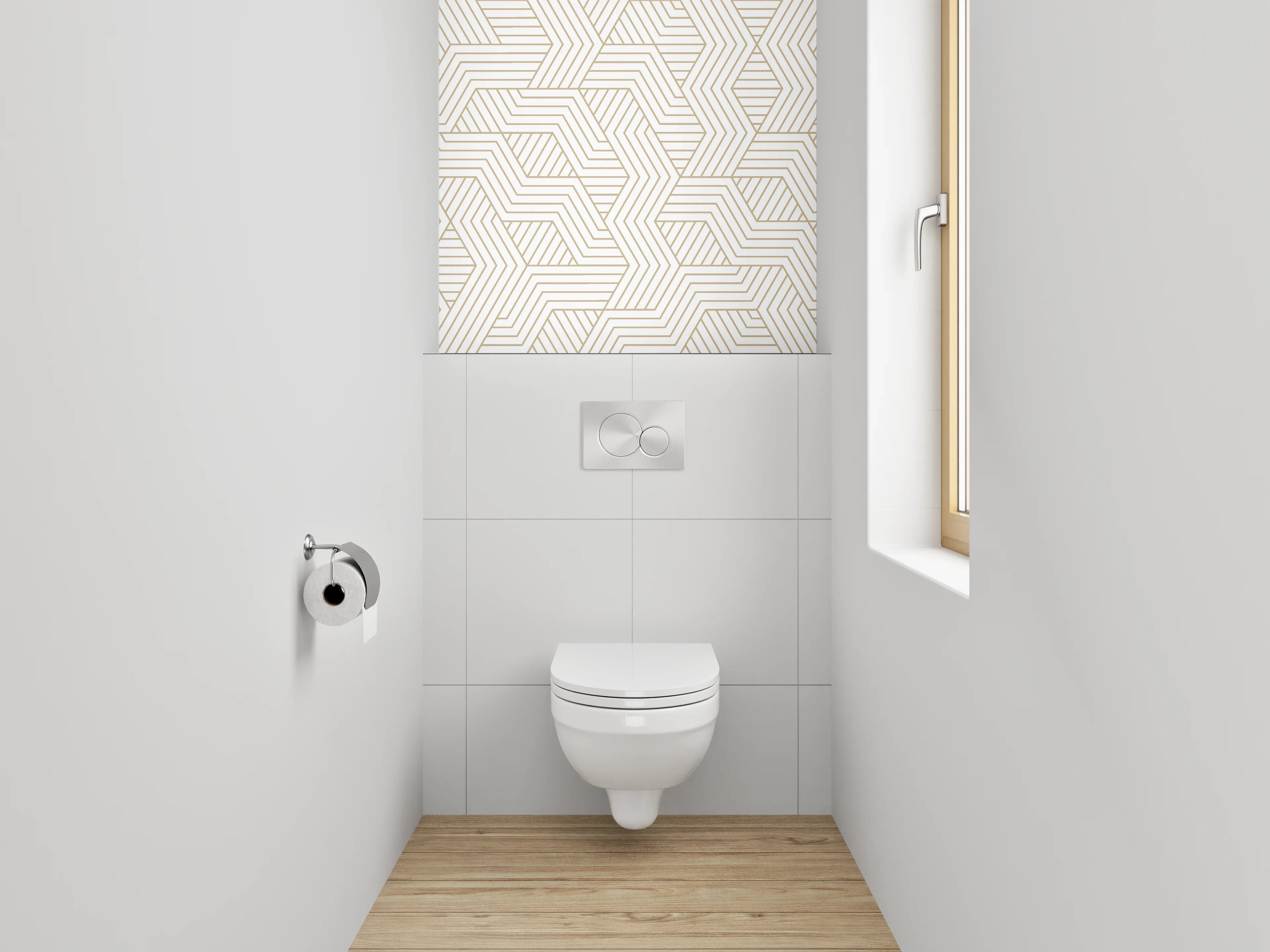 WC-Rückwand - Geometrisches Art Deco Muster Beige Weiß