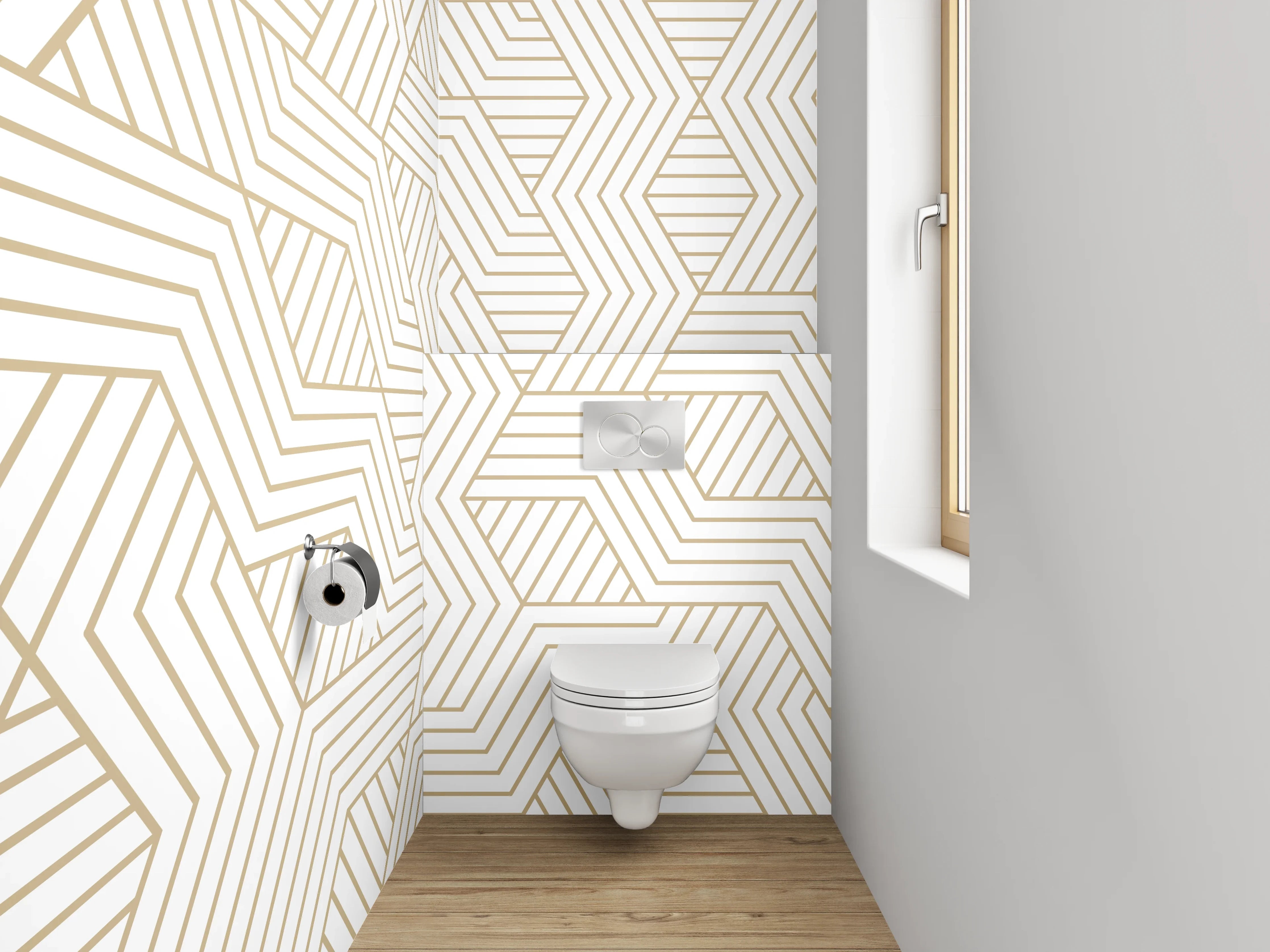 WC-Rückwand - Geometrisches Art Deco Muster Beige Weiß