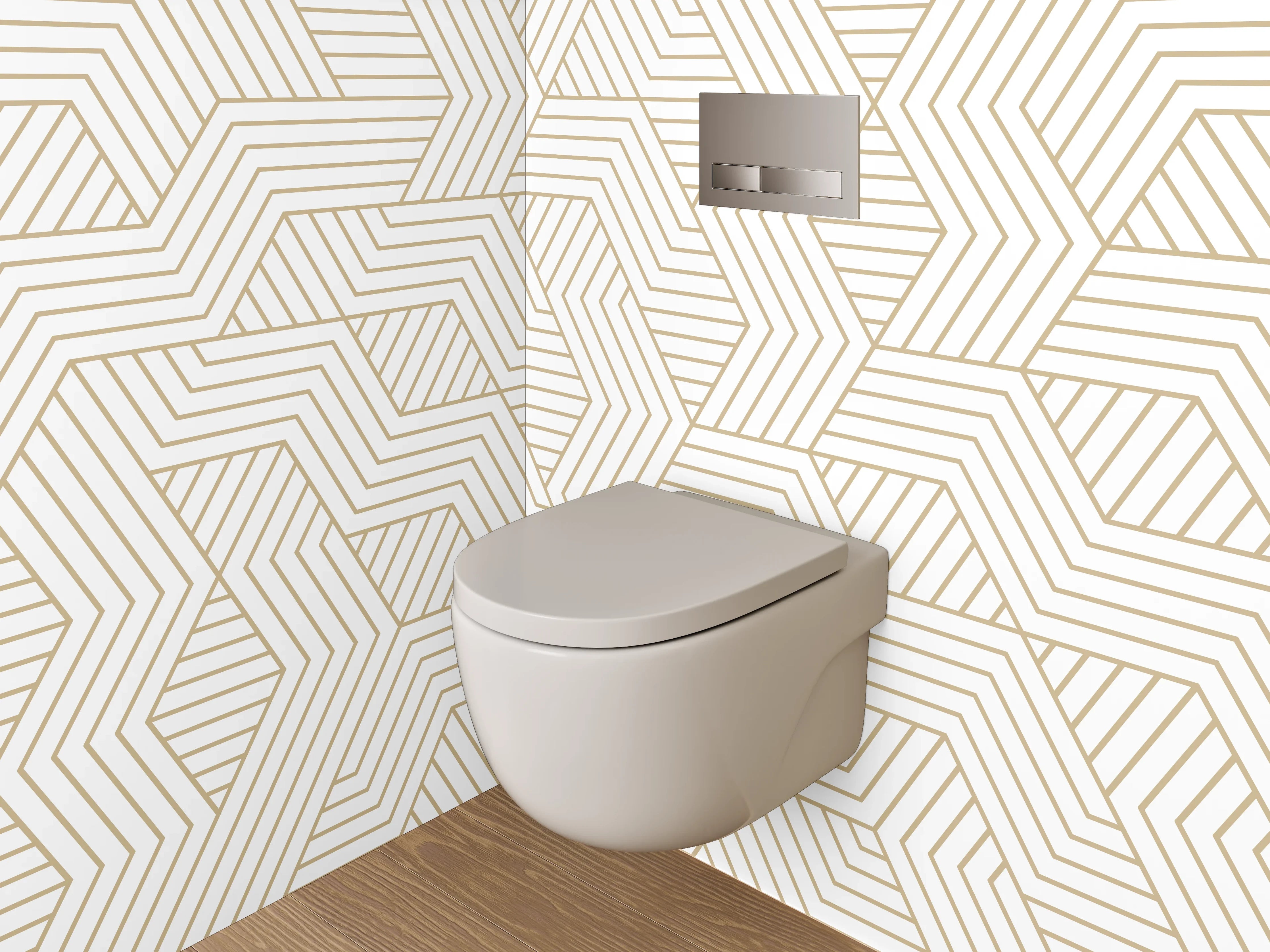 WC-Rückwand - Geometrisches Art Deco Muster Beige Weiß