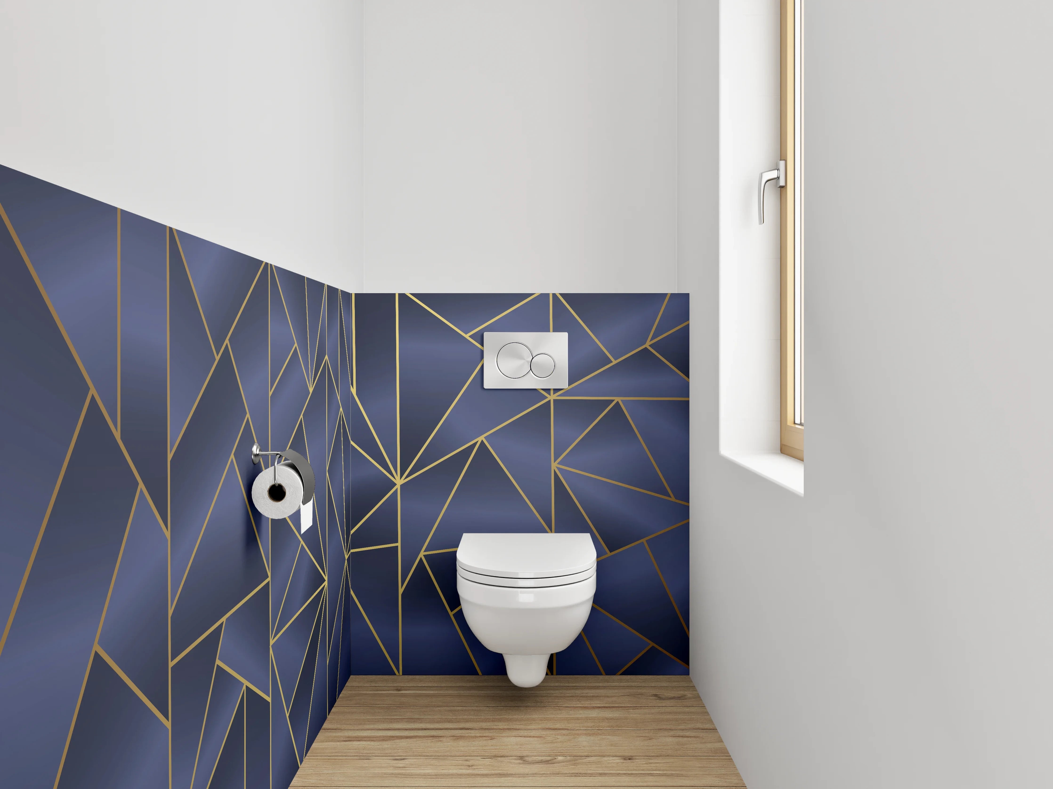 WC-Rückwand - Geometrisches Art Deco Muster Blau Gold