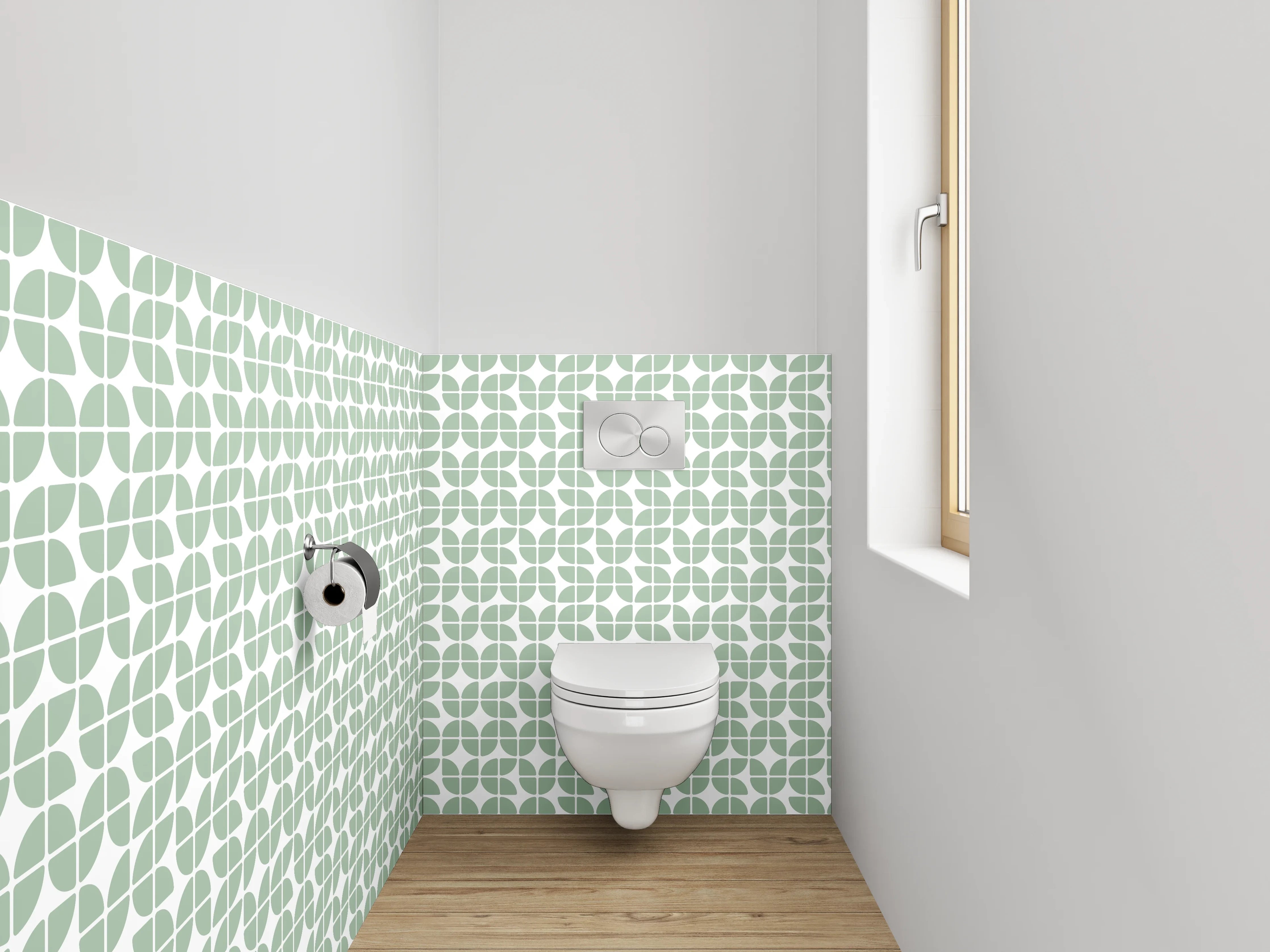 WC-Rückwand - Geometrisches Blättermuster Grün-Weiß