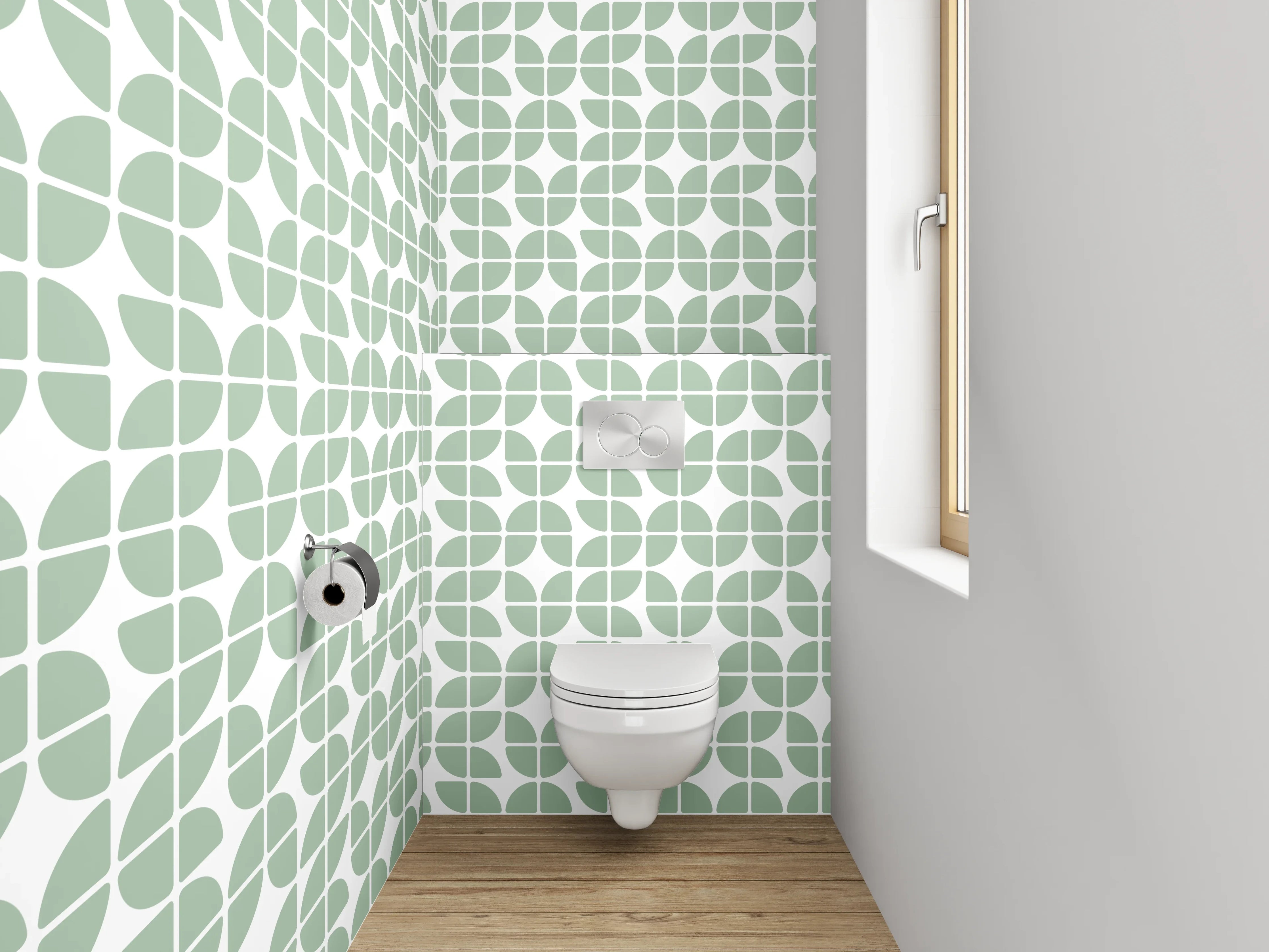 WC-Rückwand - Geometrisches Blättermuster Grün-Weiß