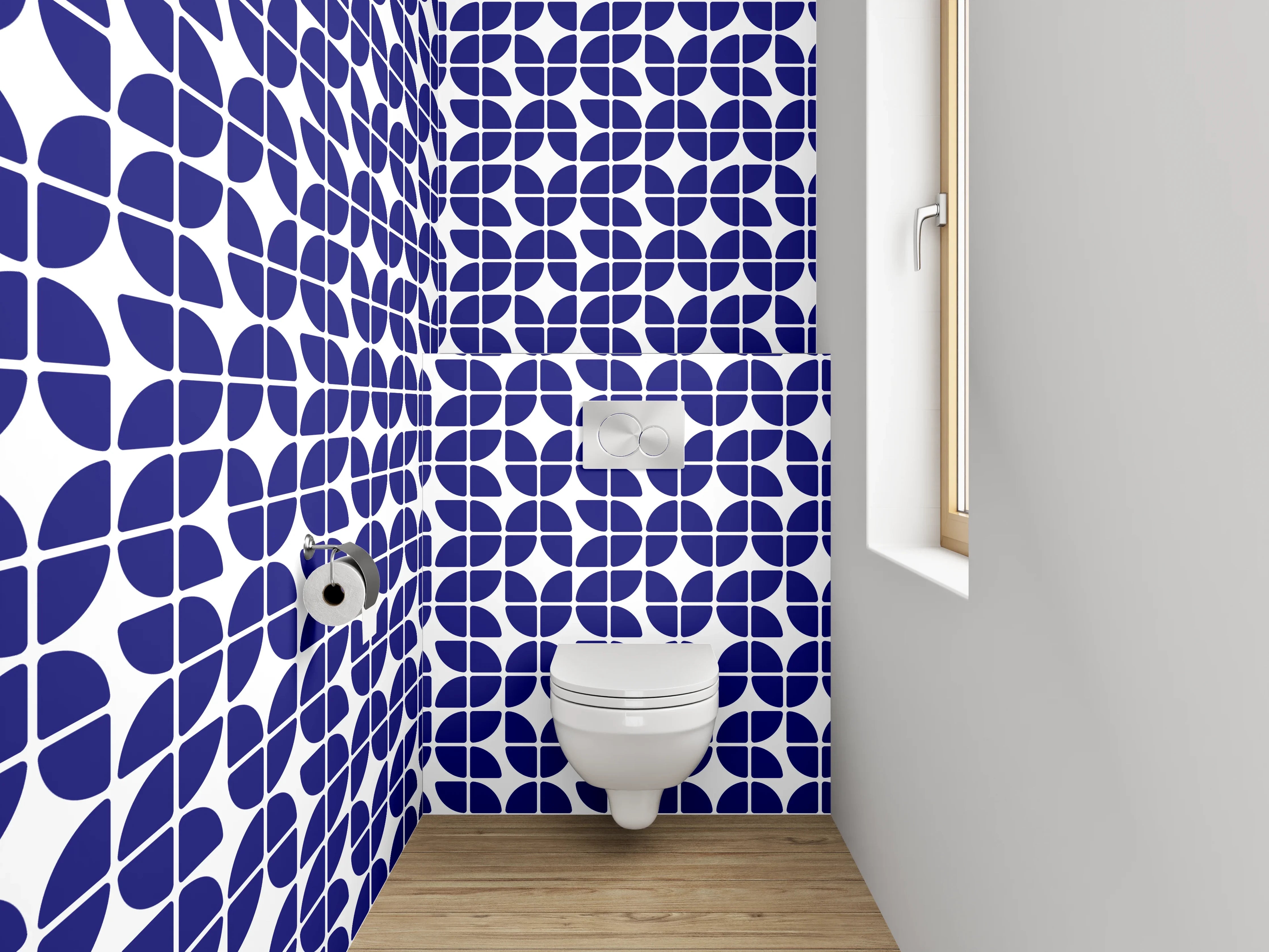 WC-Rückwand - Geometrisches Blau-Weiß-Fliesenmuster