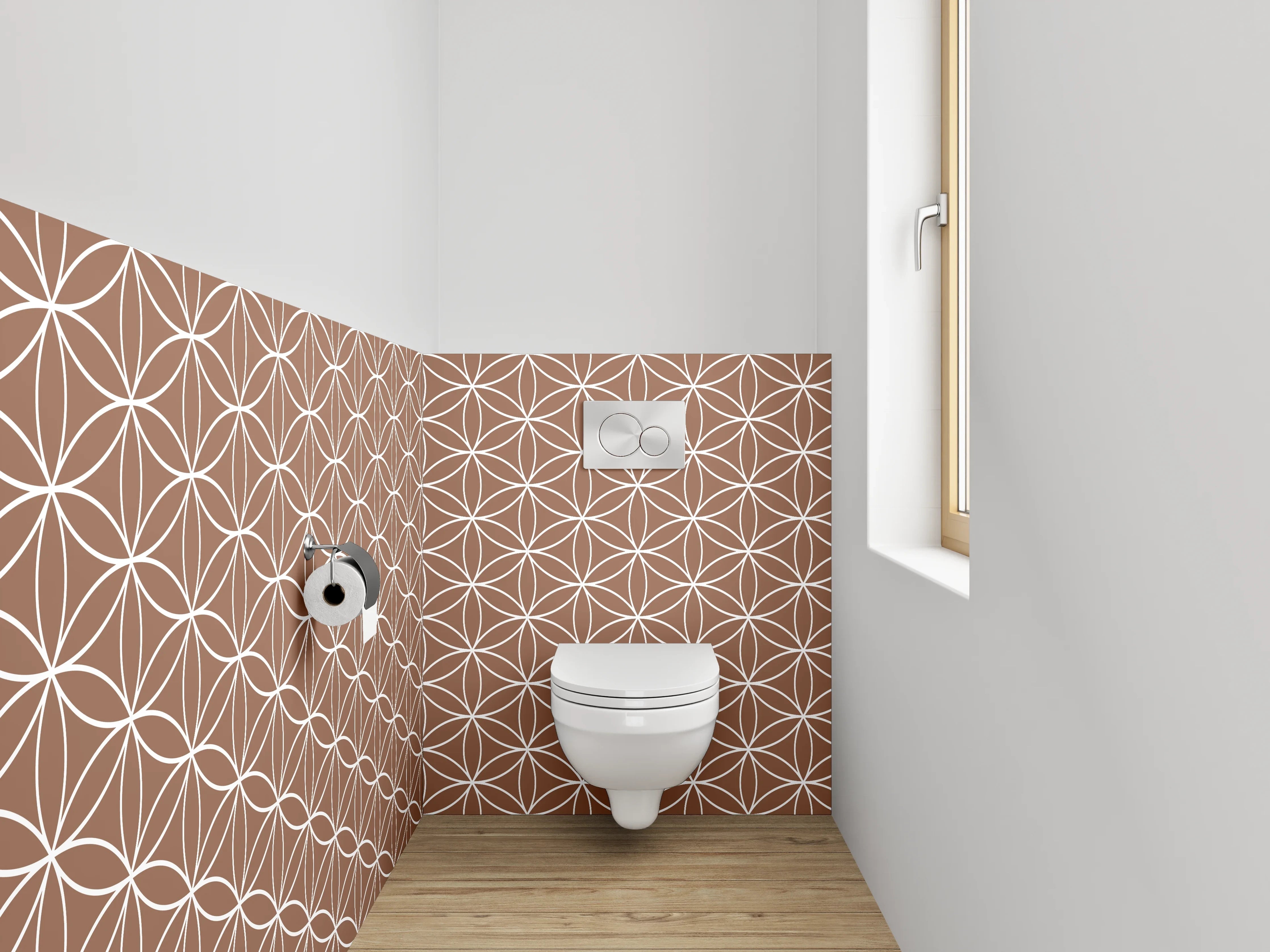WC-Rückwand - Geometrisches Blütenmuster Braun Weiß