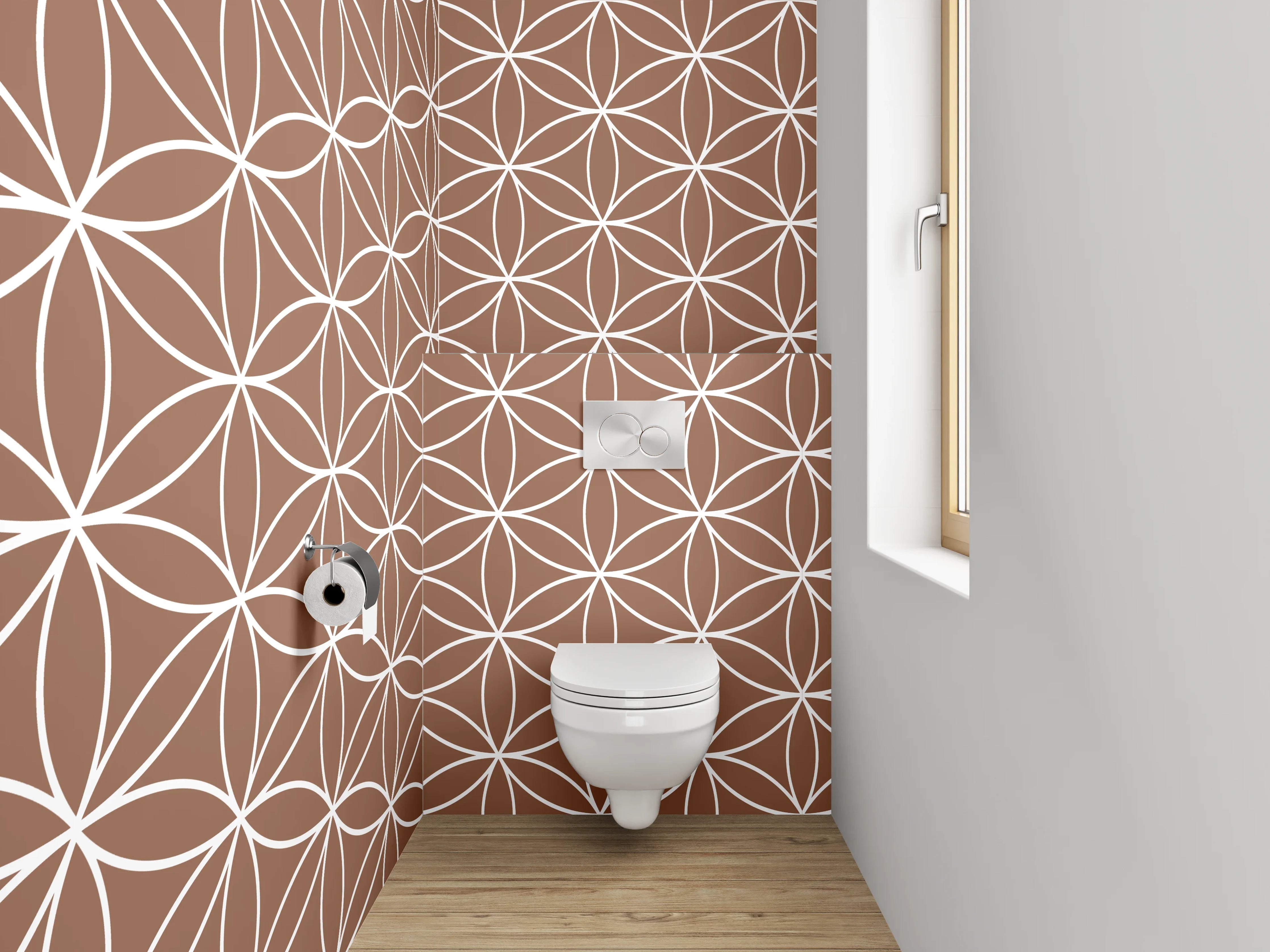 WC-Rückwand - Geometrisches Blütenmuster Braun Weiß