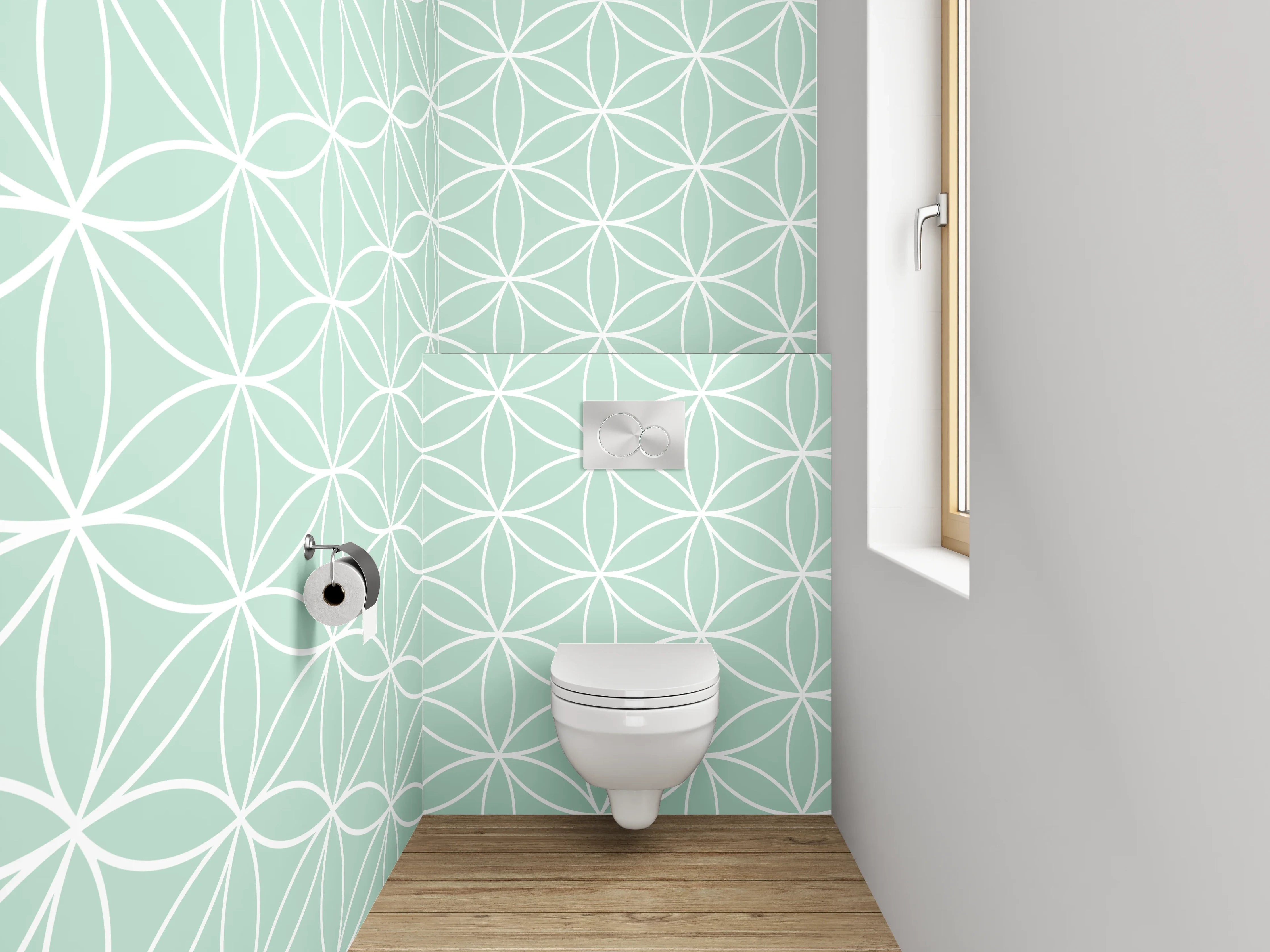 WC-Rückwand - Geometrisches Blütenmuster Mint Weiß