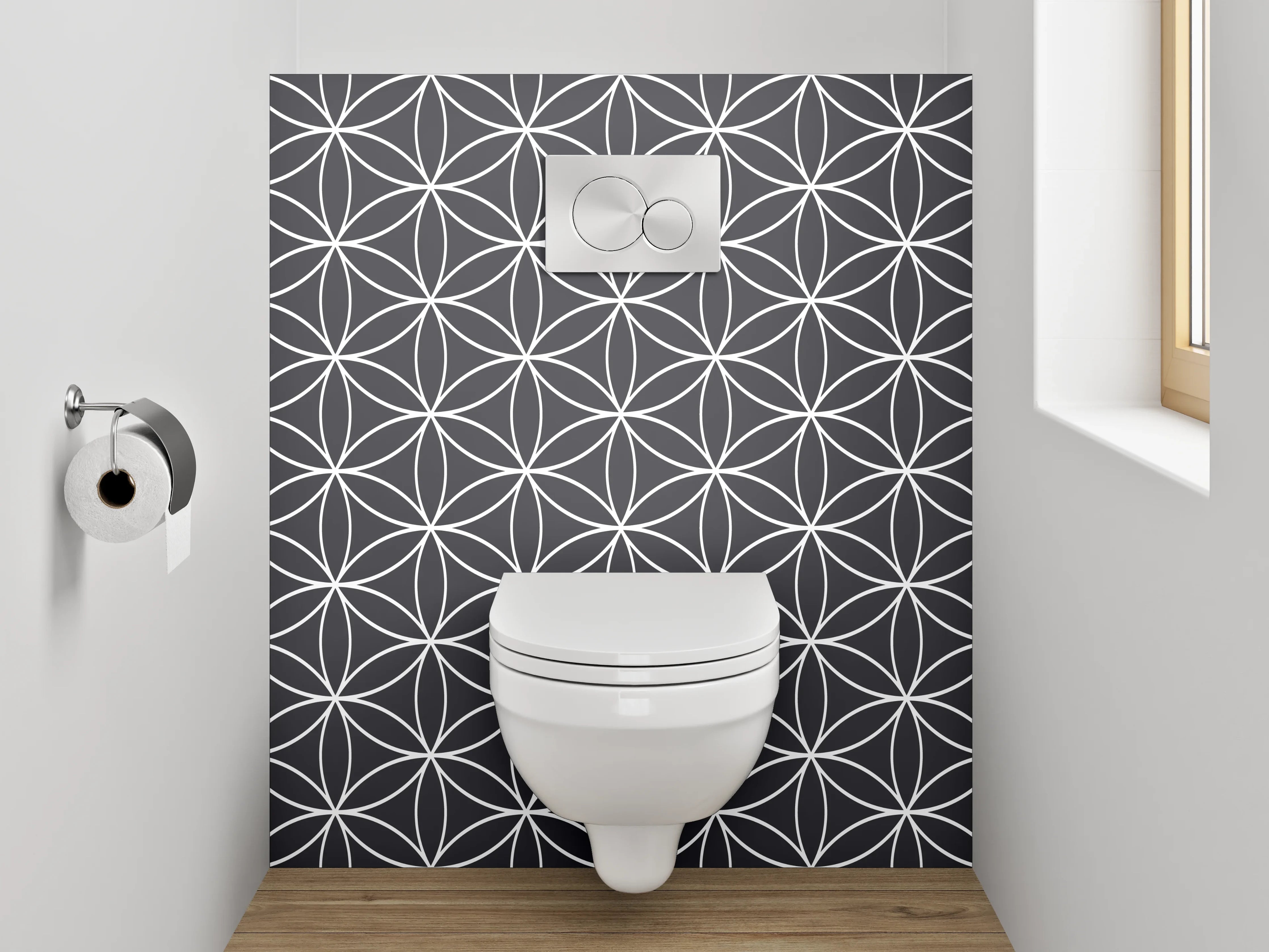 WC-Rückwand - Geometrisches Blütenmuster Schwarz-Weiß