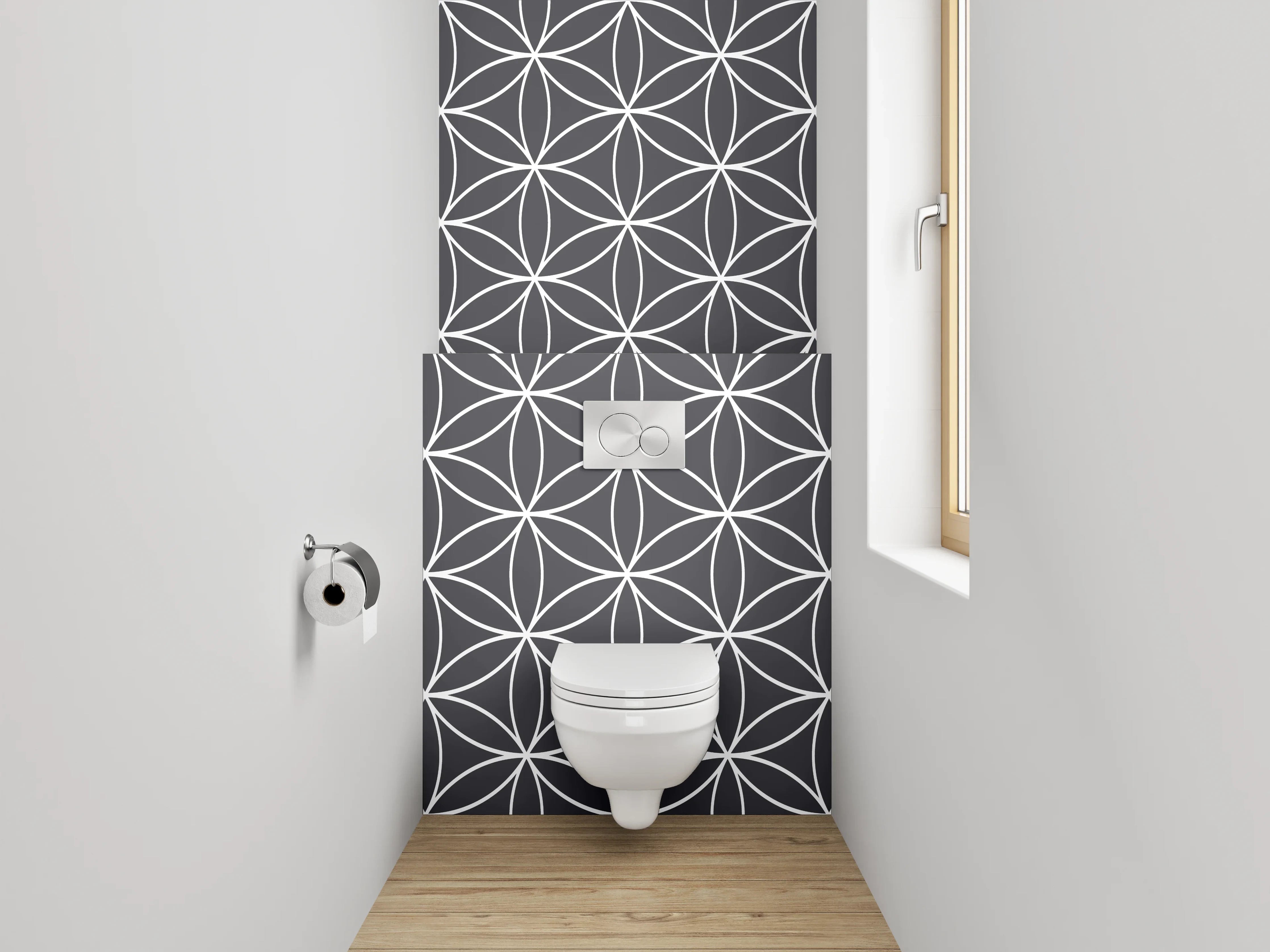 WC-Rückwand - Geometrisches Blütenmuster Schwarz-Weiß