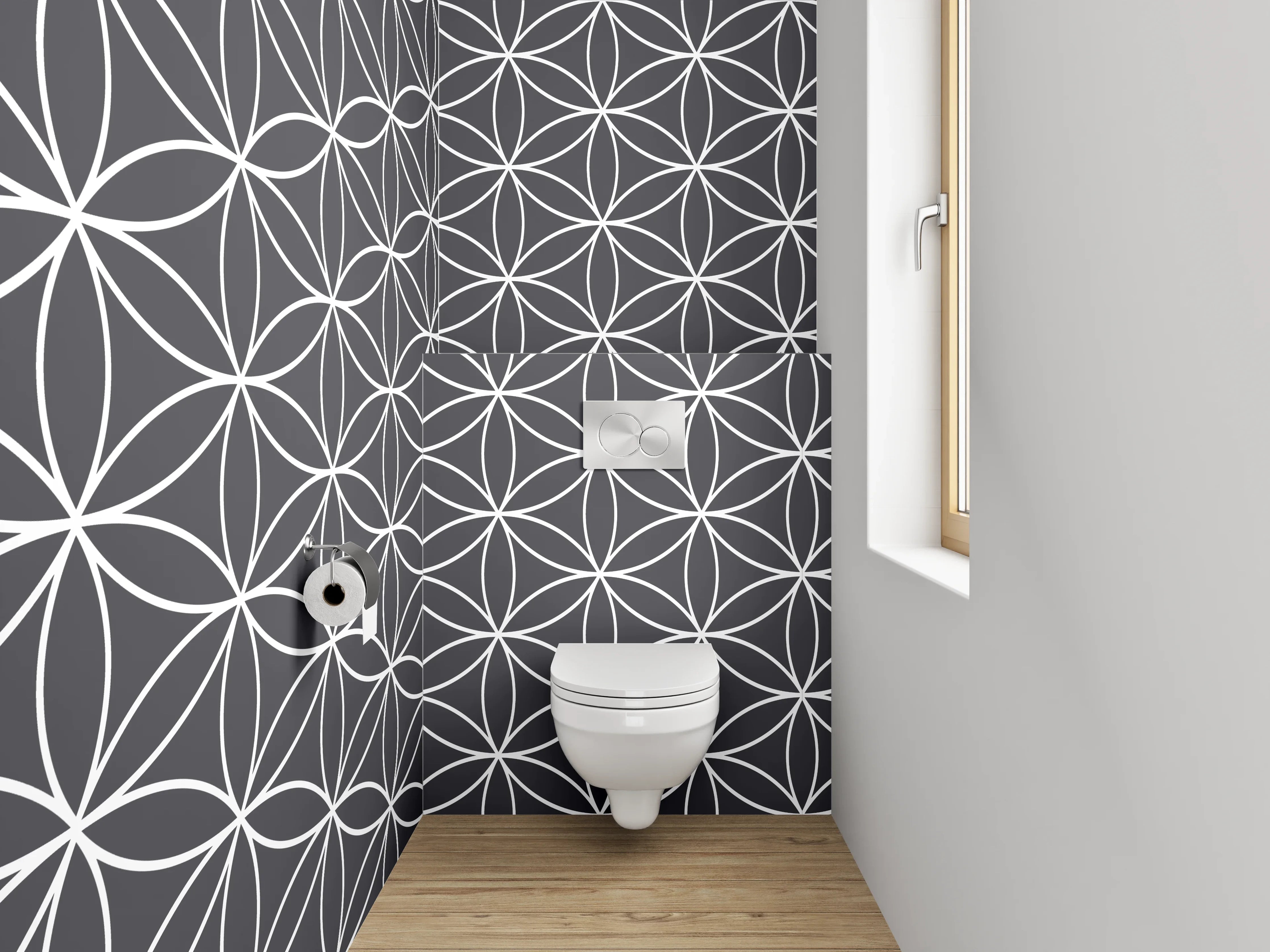 WC-Rückwand - Geometrisches Blütenmuster Schwarz-Weiß