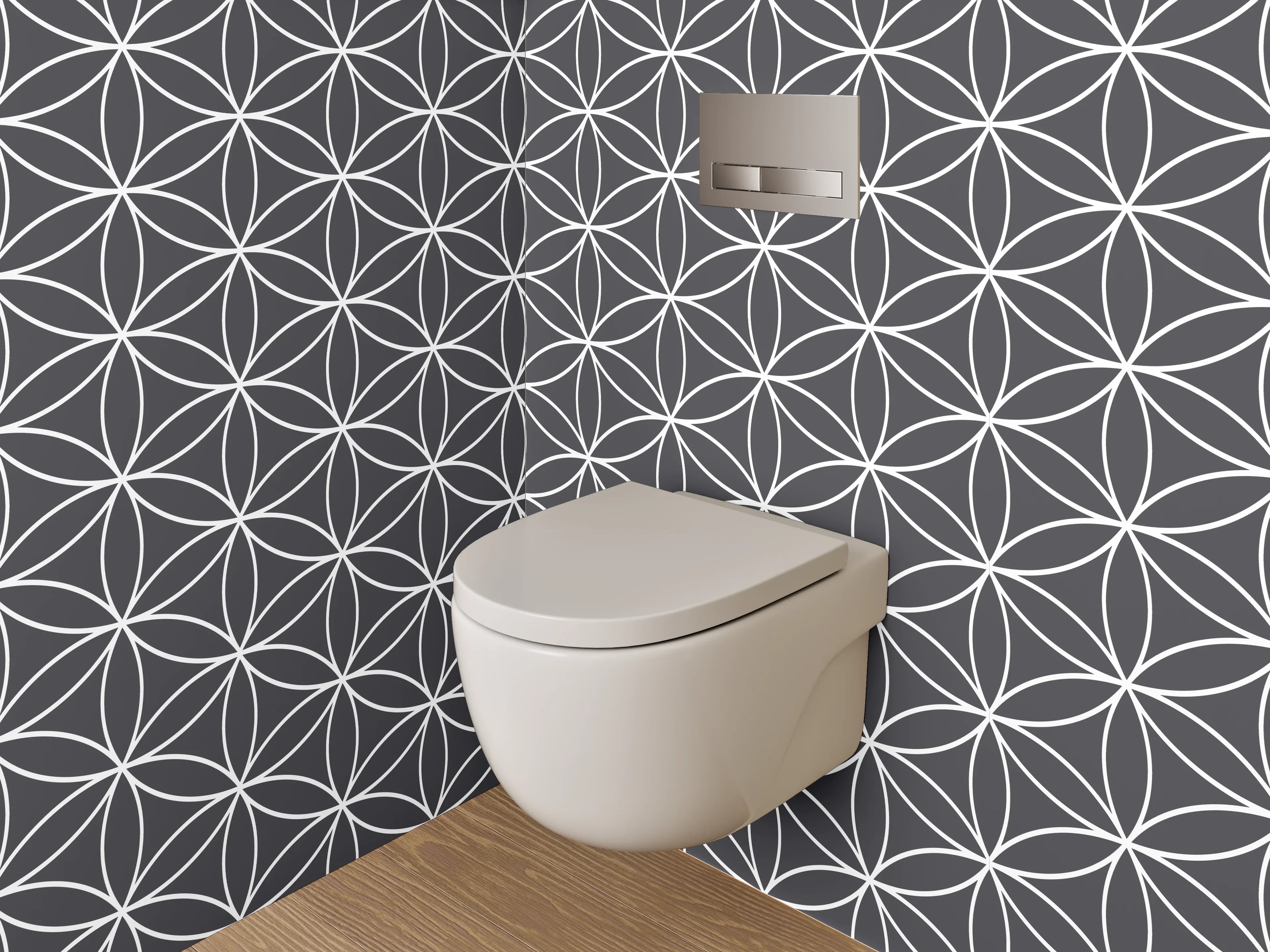 WC-Rückwand - Geometrisches Blütenmuster Schwarz-Weiß