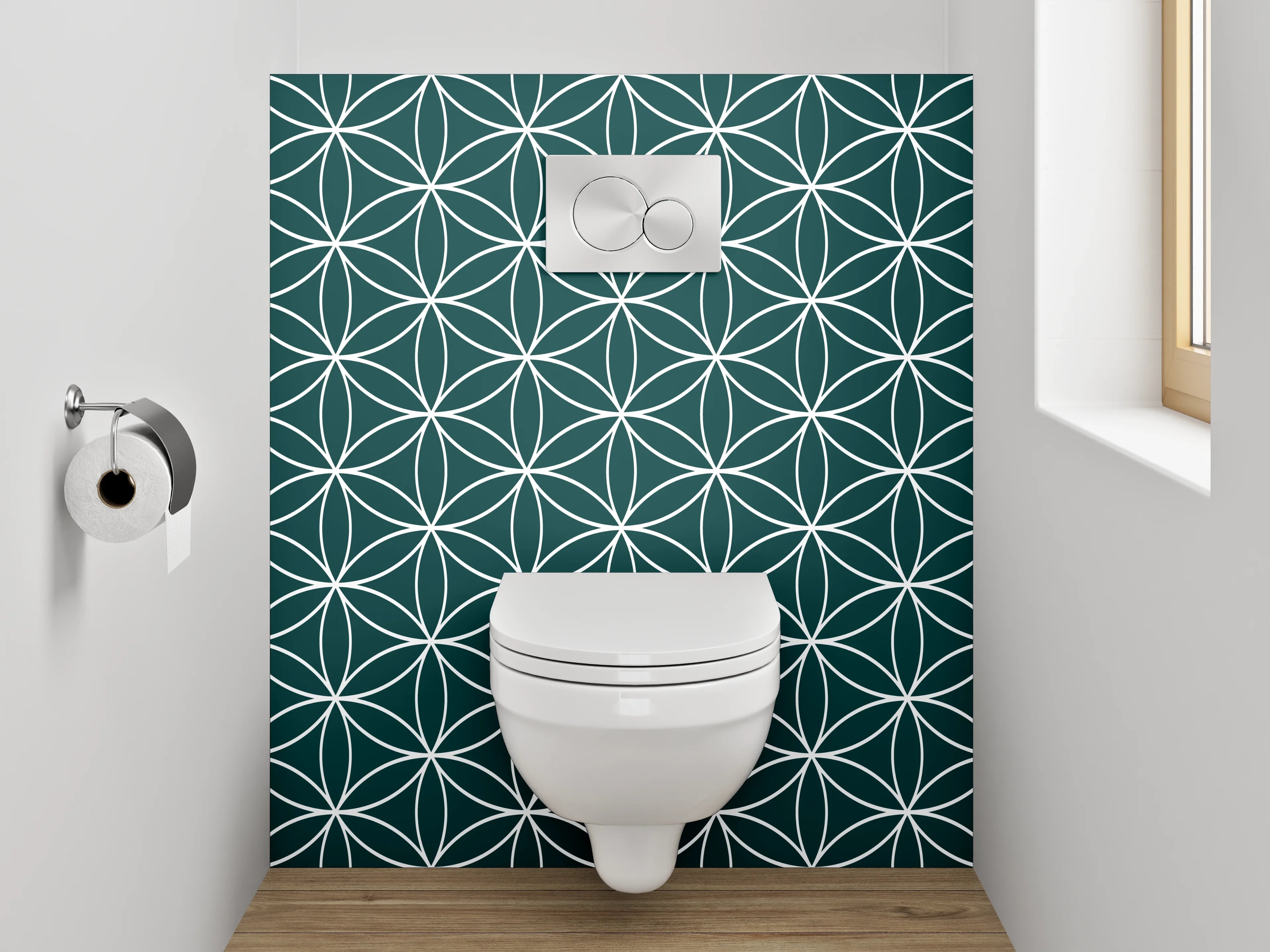 WC-Rückwand - Geometrisches Blütenmuster Weiß Grün