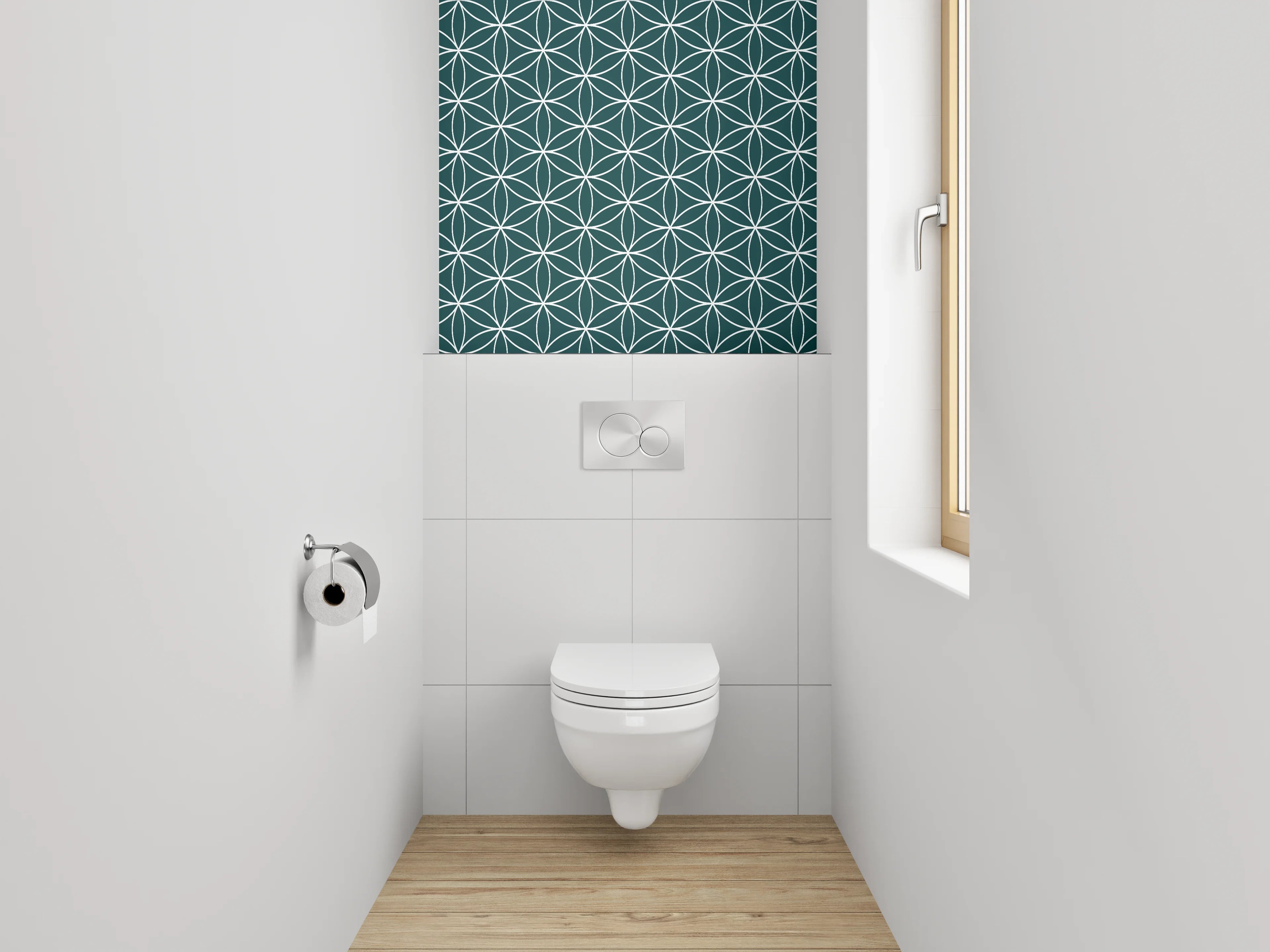 WC-Rückwand - Geometrisches Blütenmuster Weiß Grün