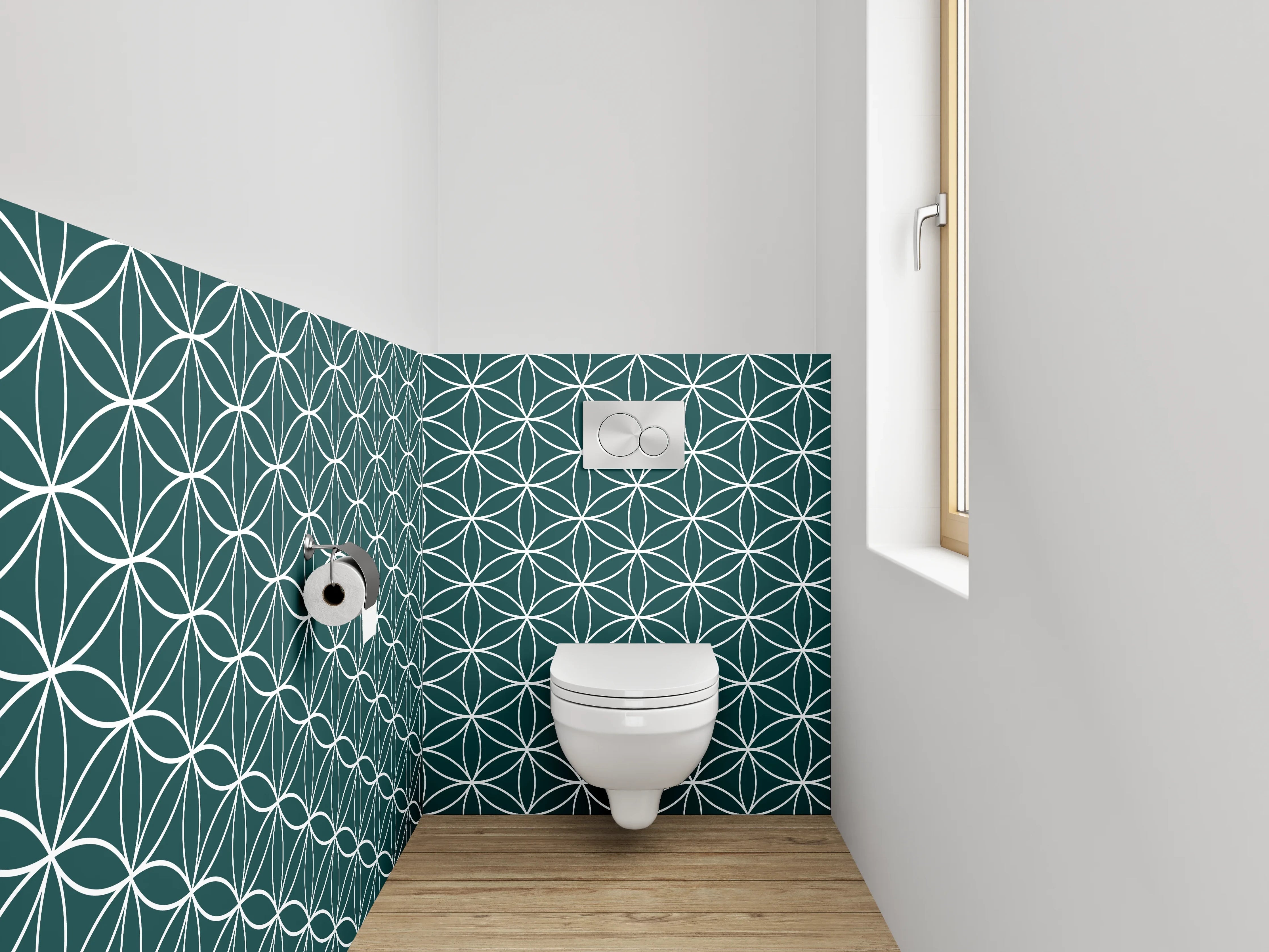 WC-Rückwand - Geometrisches Blütenmuster Weiß Grün