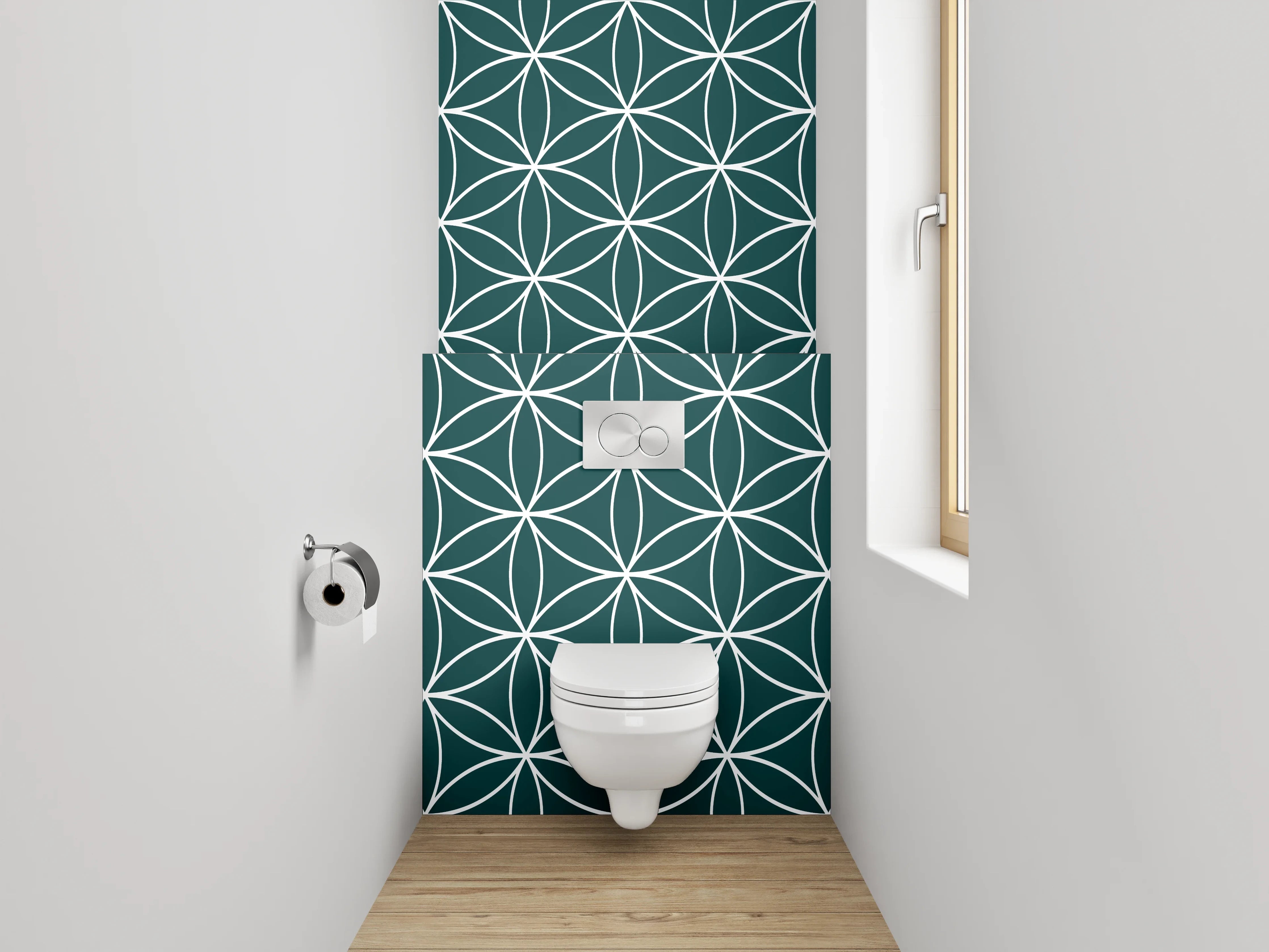 WC-Rückwand - Geometrisches Blütenmuster Weiß Grün