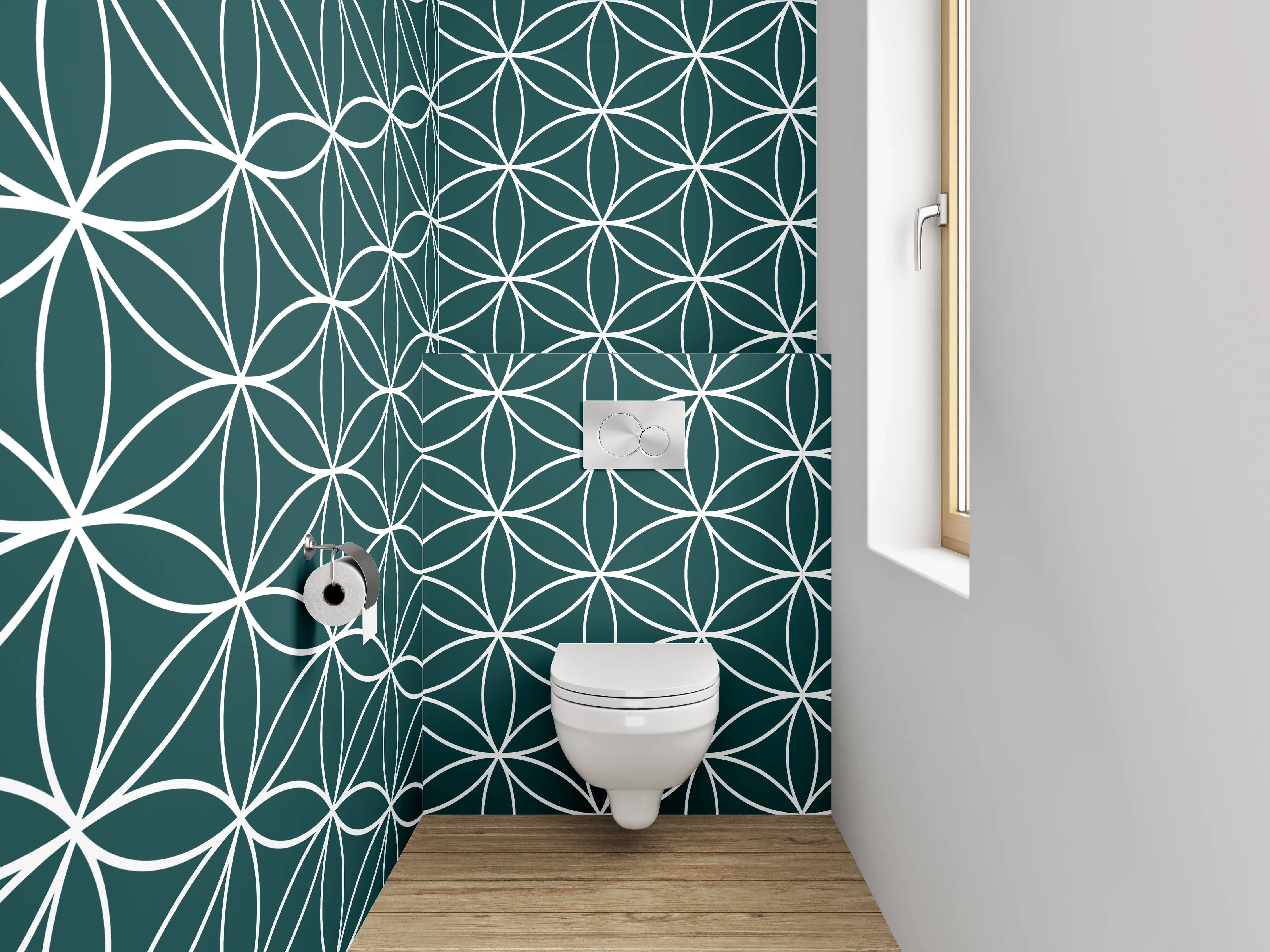 WC-Rückwand - Geometrisches Blütenmuster Weiß Grün