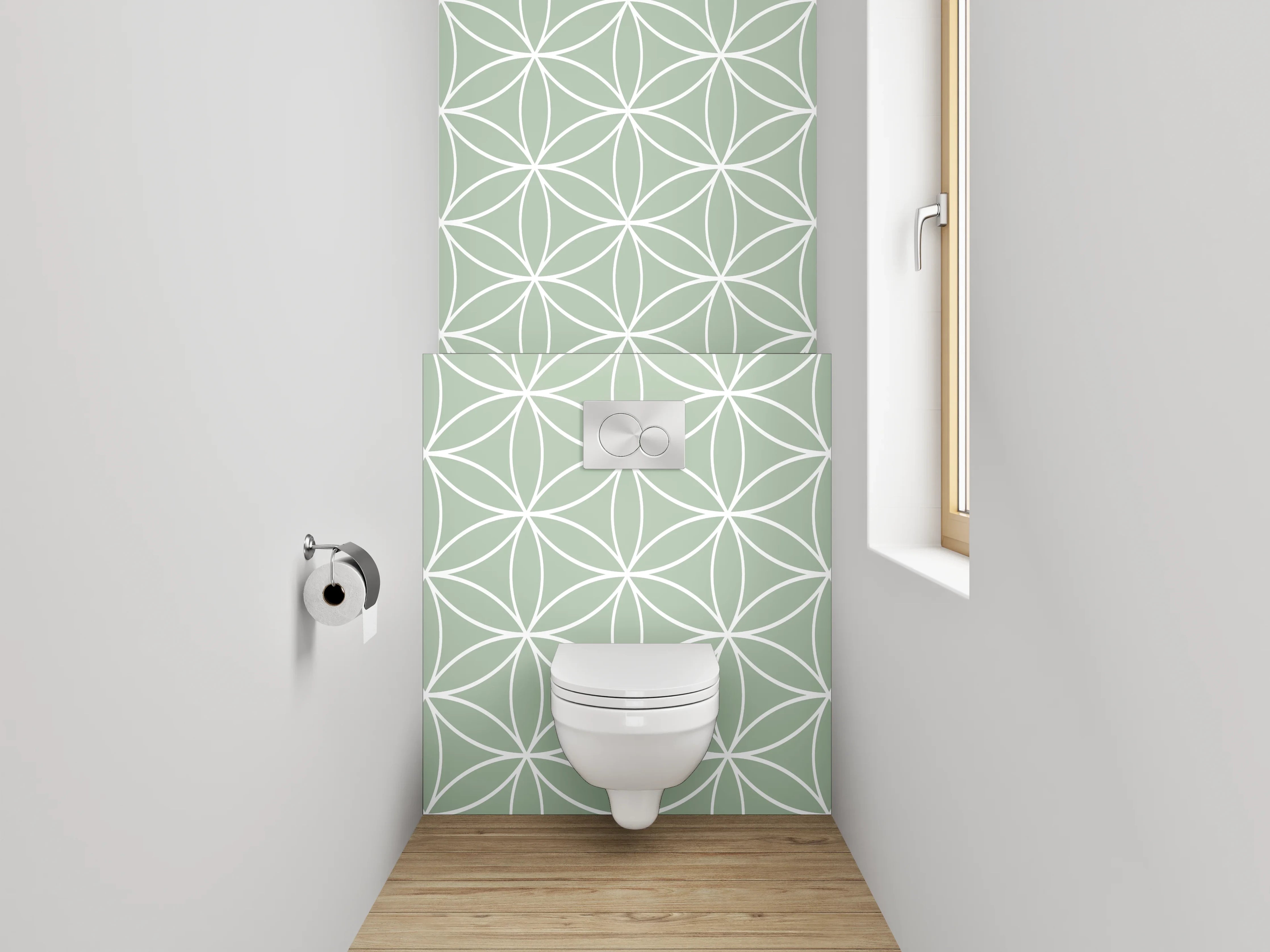 WC-Rückwand - Geometrisches Blütenmuster in Pastellgrün