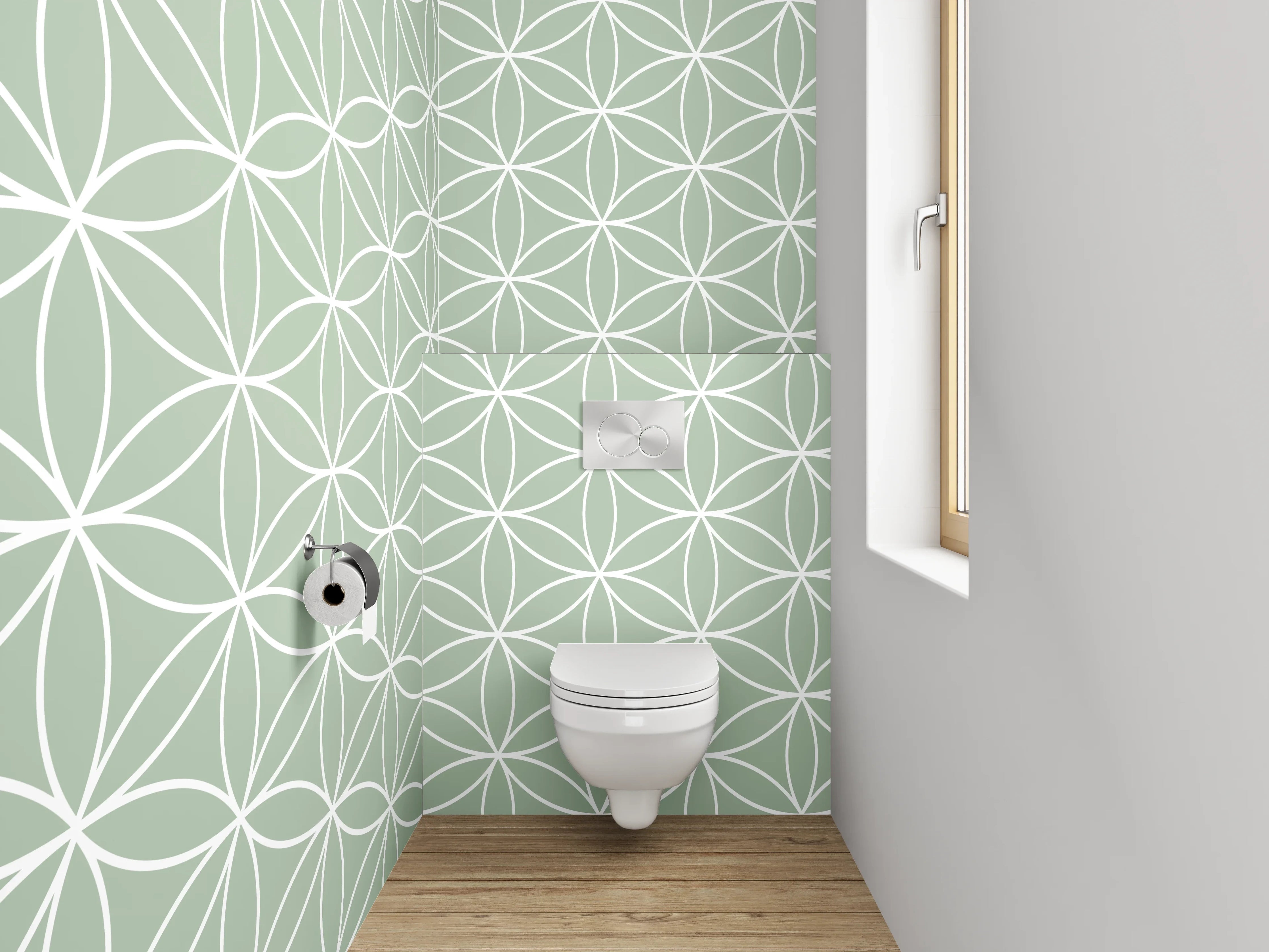 WC-Rückwand - Geometrisches Blütenmuster in Pastellgrün