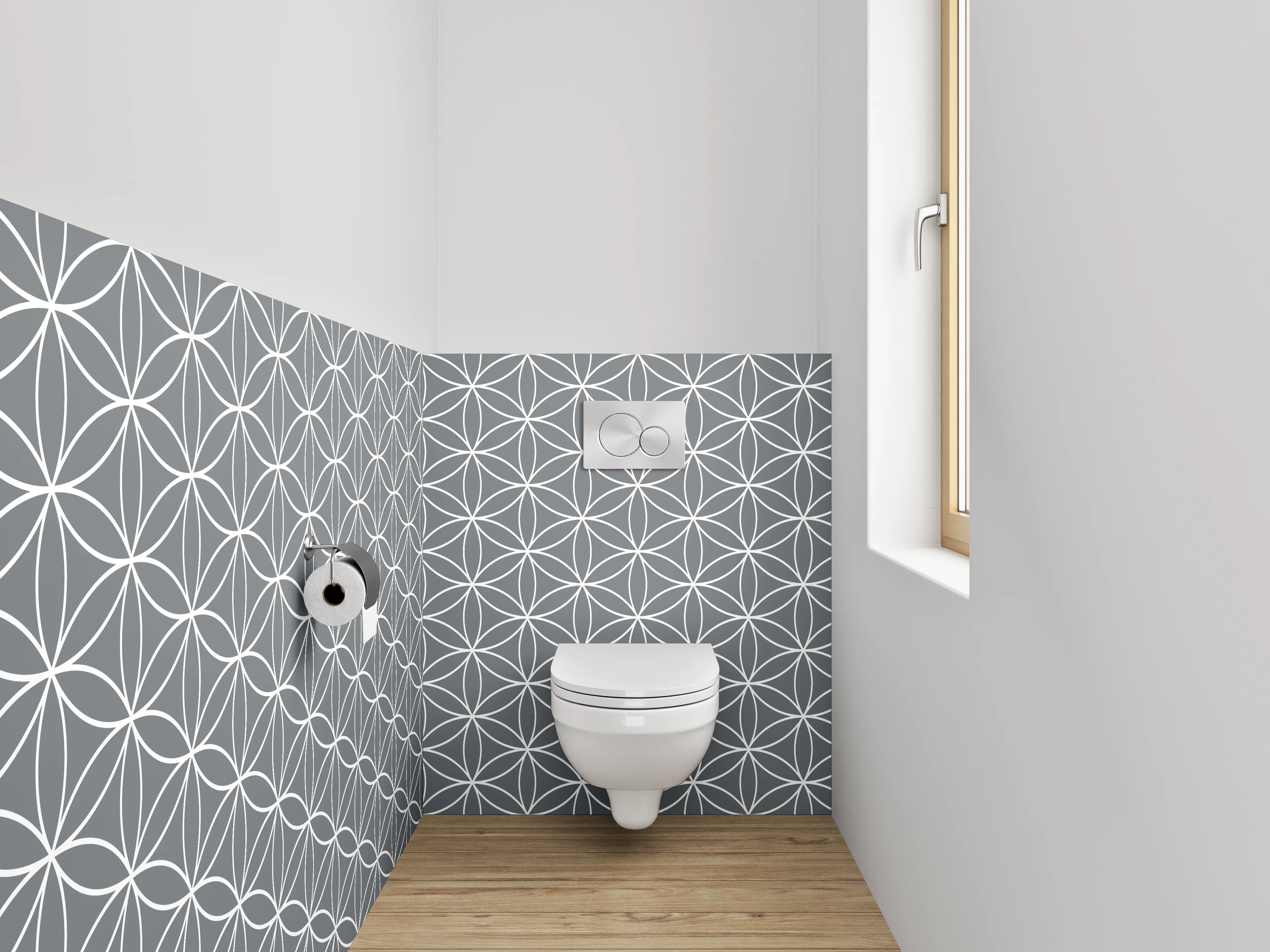 WC-Rückwand - Geometrisches Blumenmuster Grau Weiß