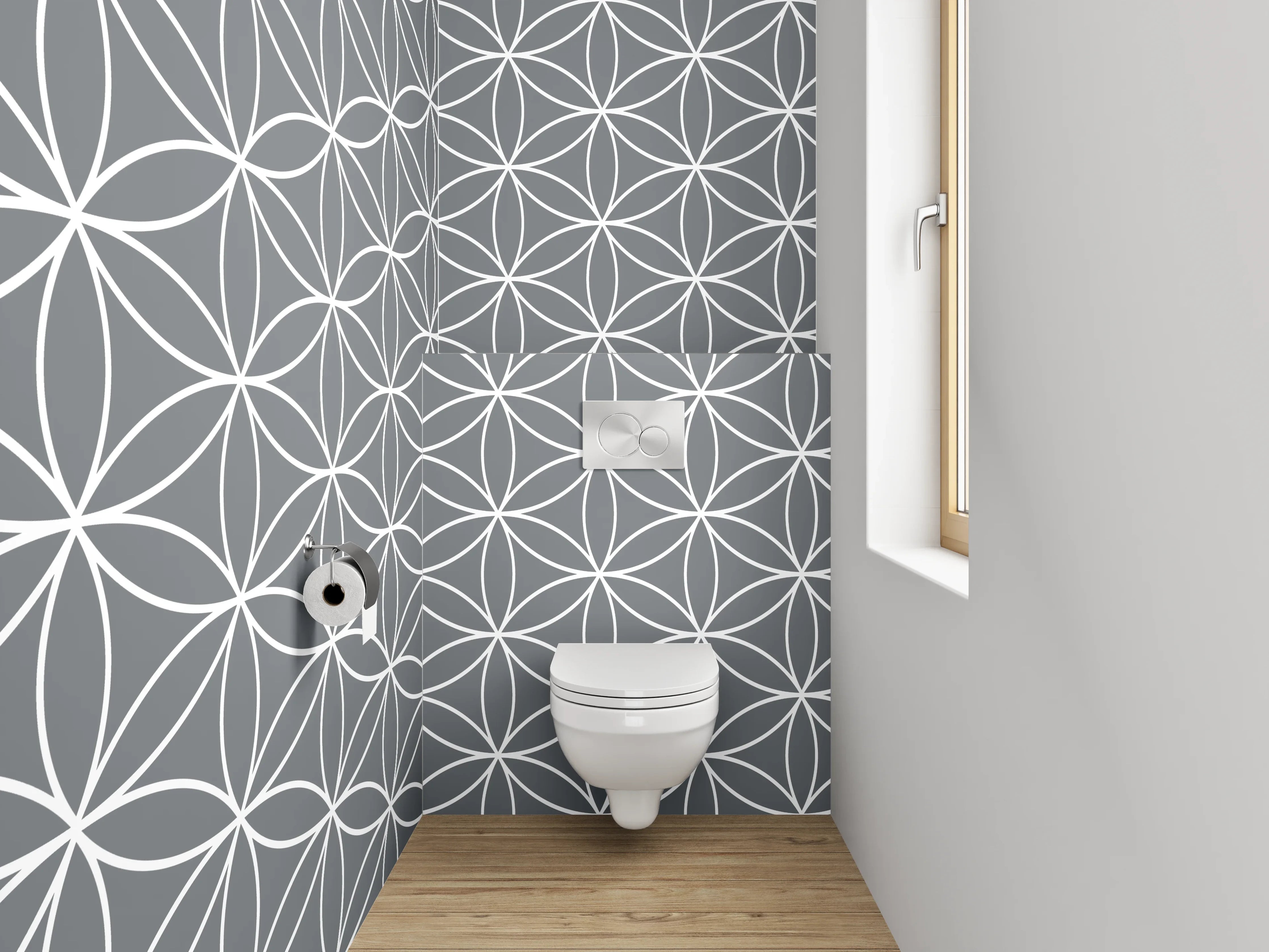WC-Rückwand - Geometrisches Blumenmuster Grau Weiß
