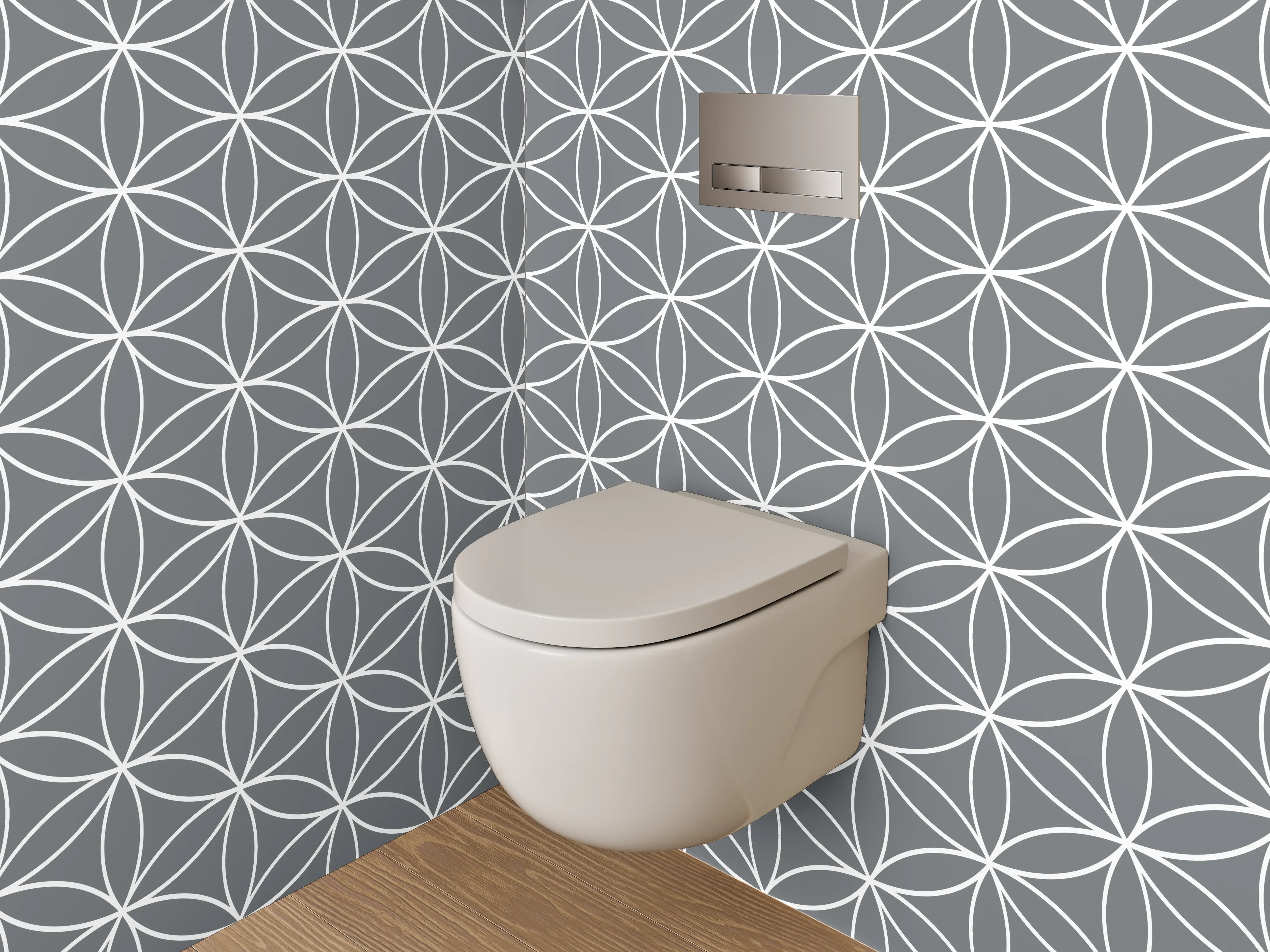 WC-Rückwand - Geometrisches Blumenmuster Grau Weiß
