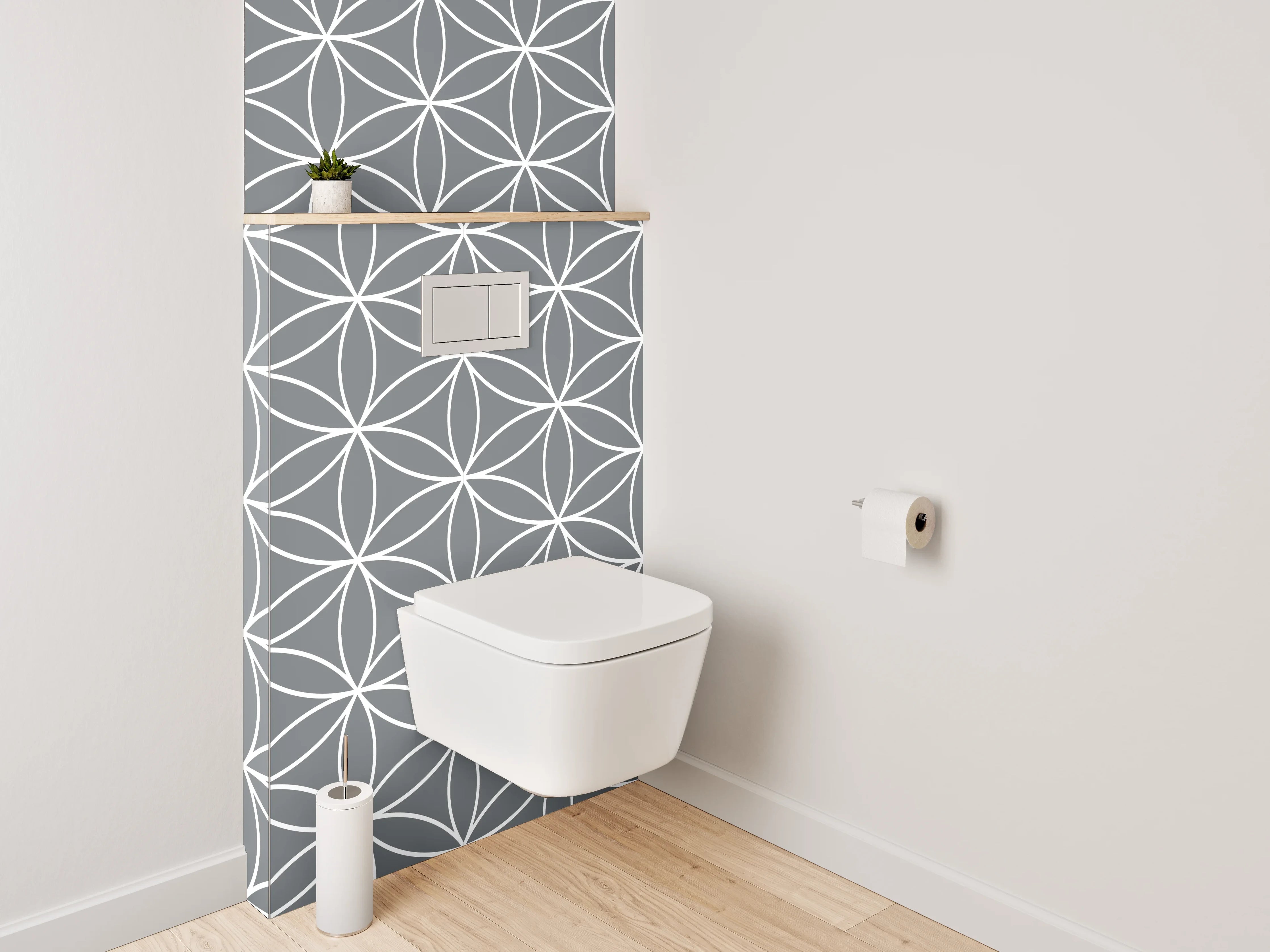 WC-Rückwand - Geometrisches Blumenmuster Grau Weiß