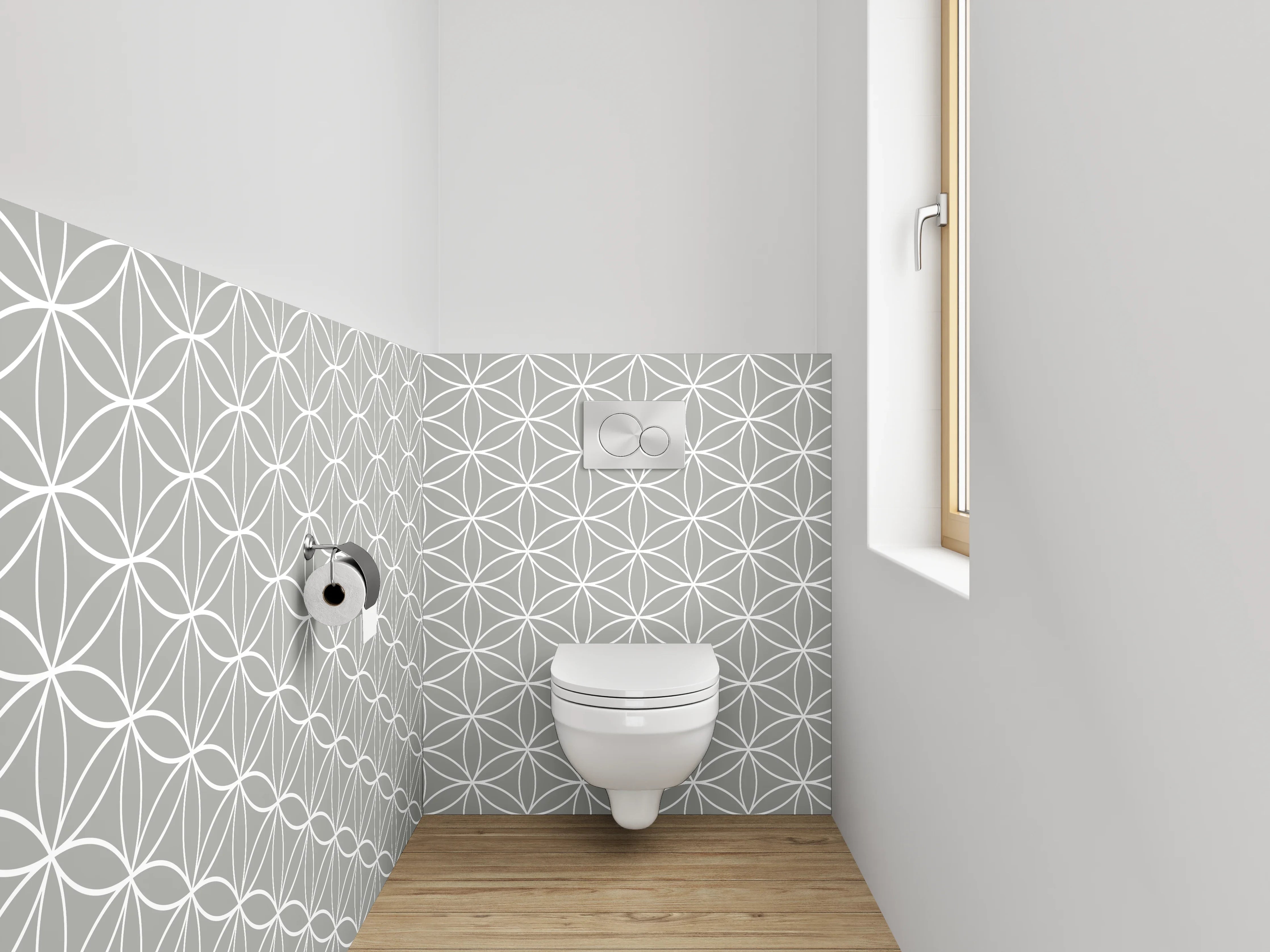 WC-Rückwand - Geometrisches Blumenmuster Weiß auf Grau
