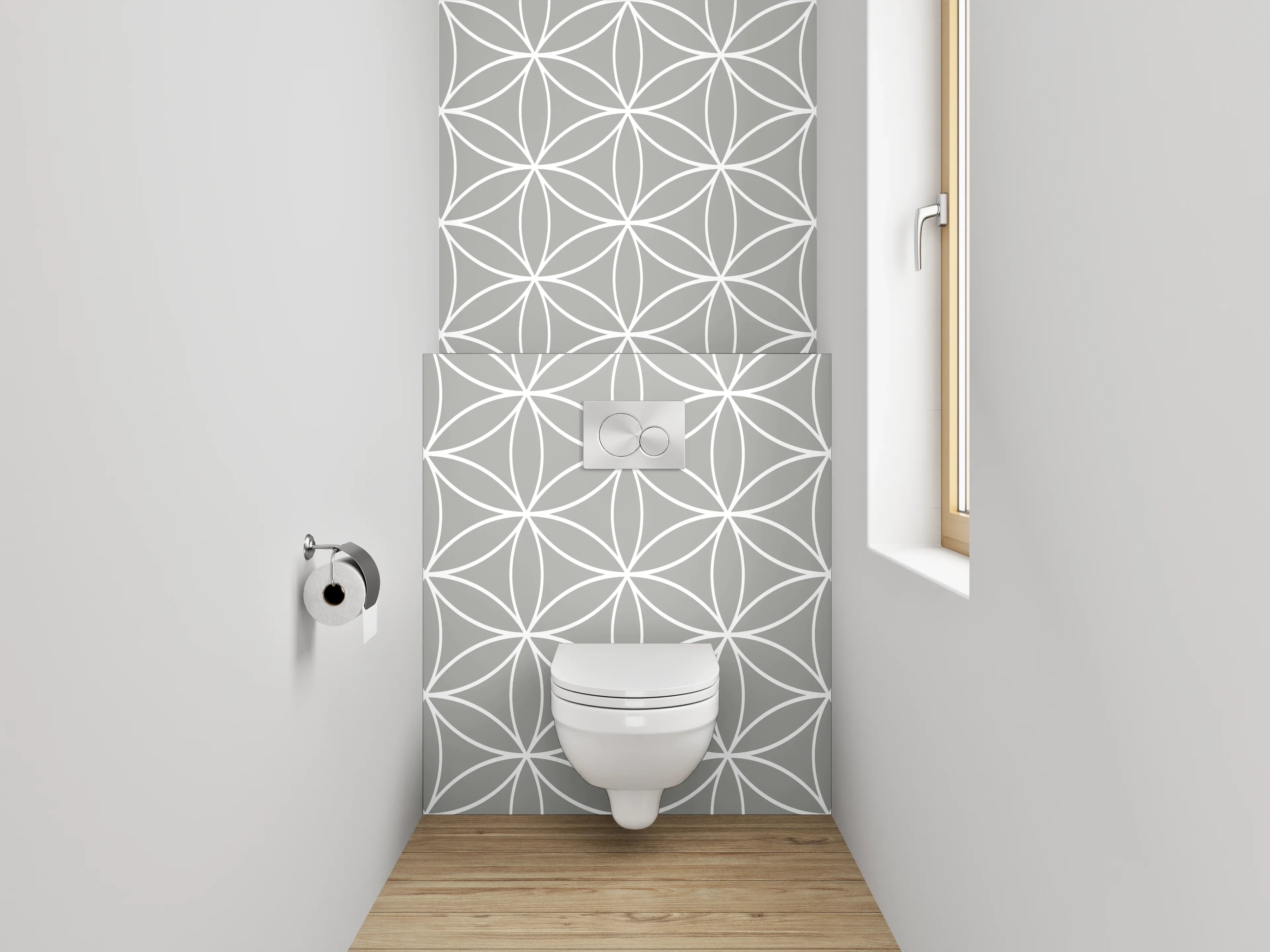 WC-Rückwand - Geometrisches Blumenmuster Weiß auf Grau
