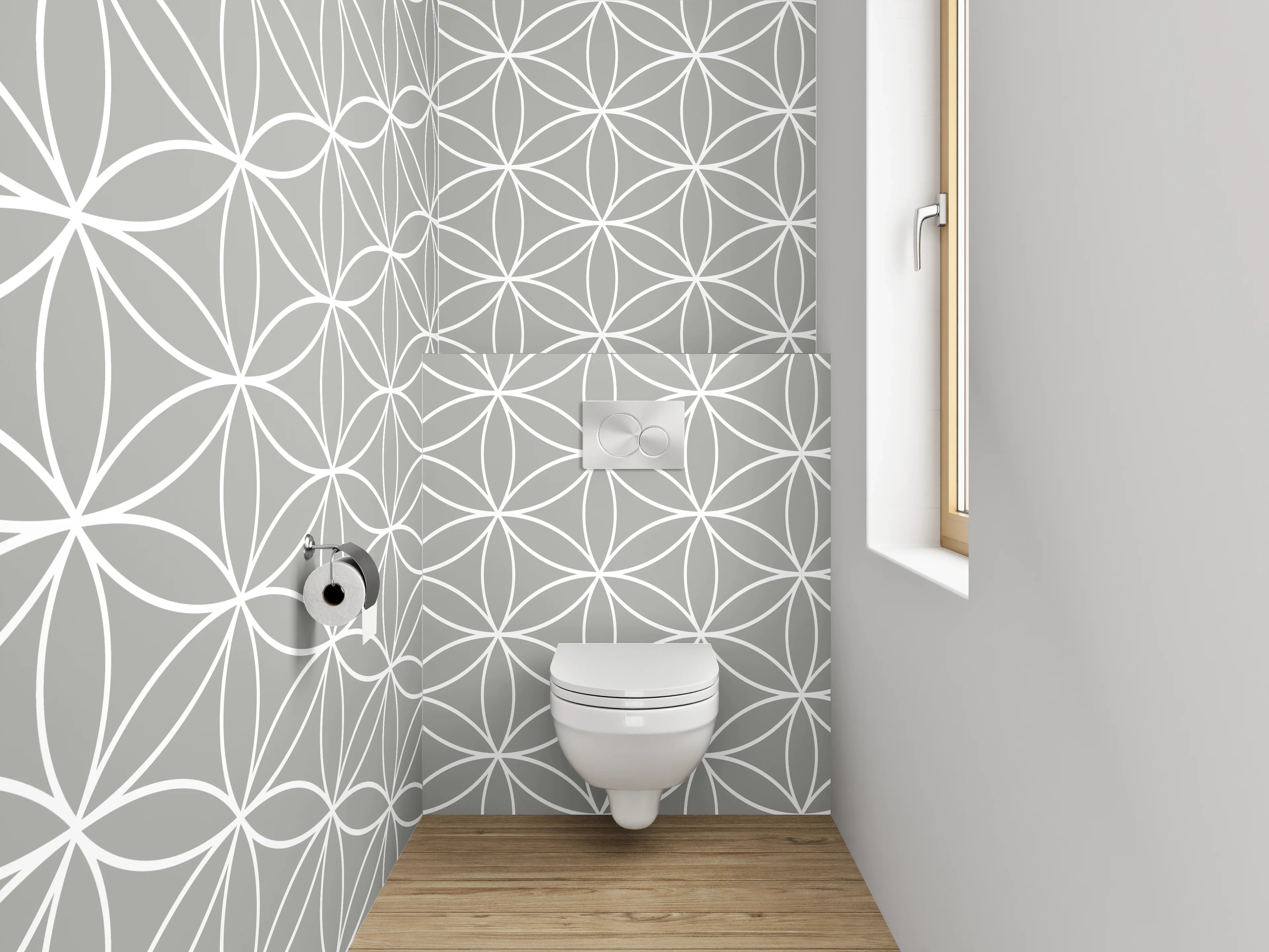 WC-Rückwand - Geometrisches Blumenmuster Weiß auf Grau