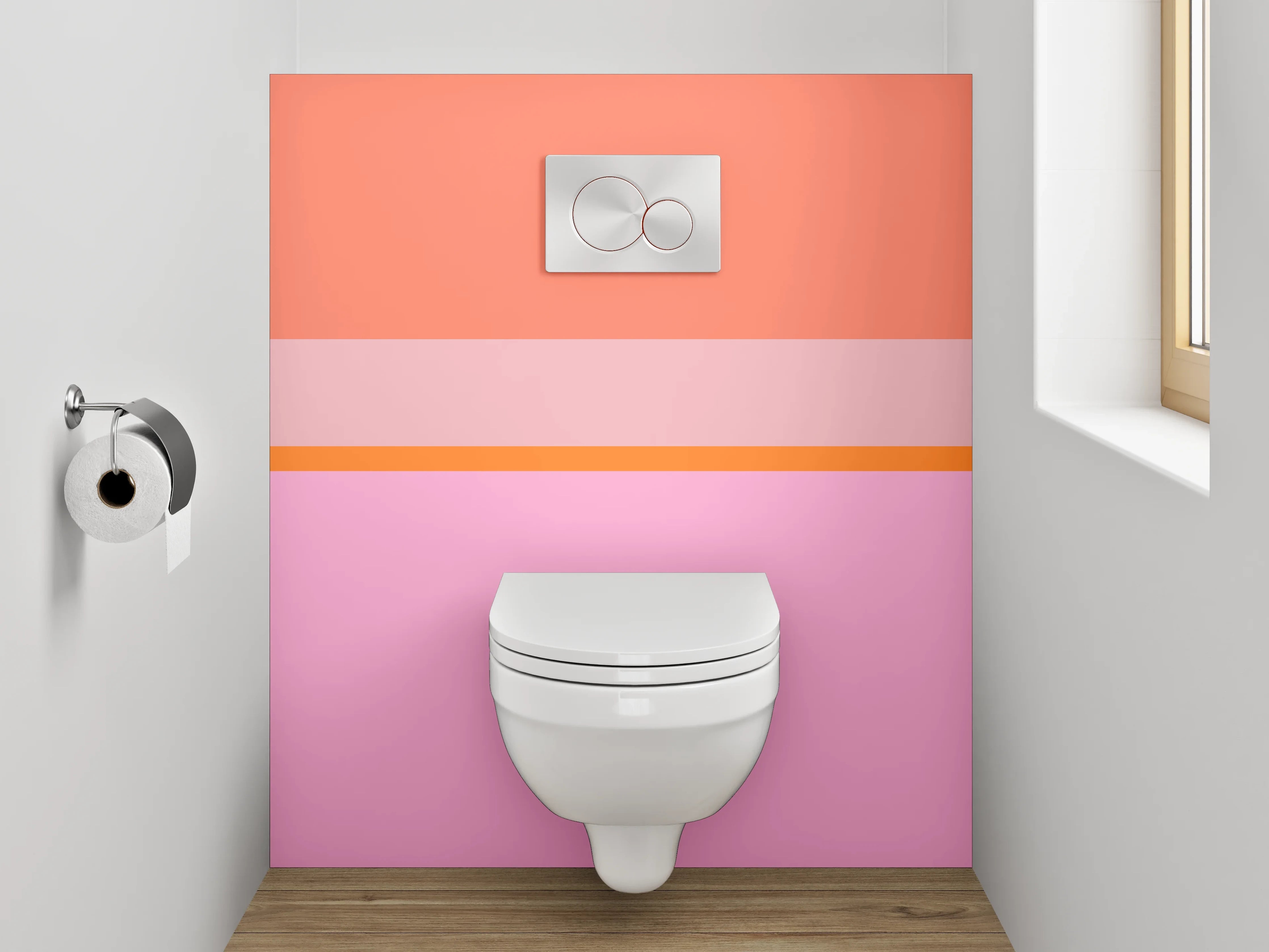 WC-Rückwand - Geometrisches Farbspiel in Rosa und Orange