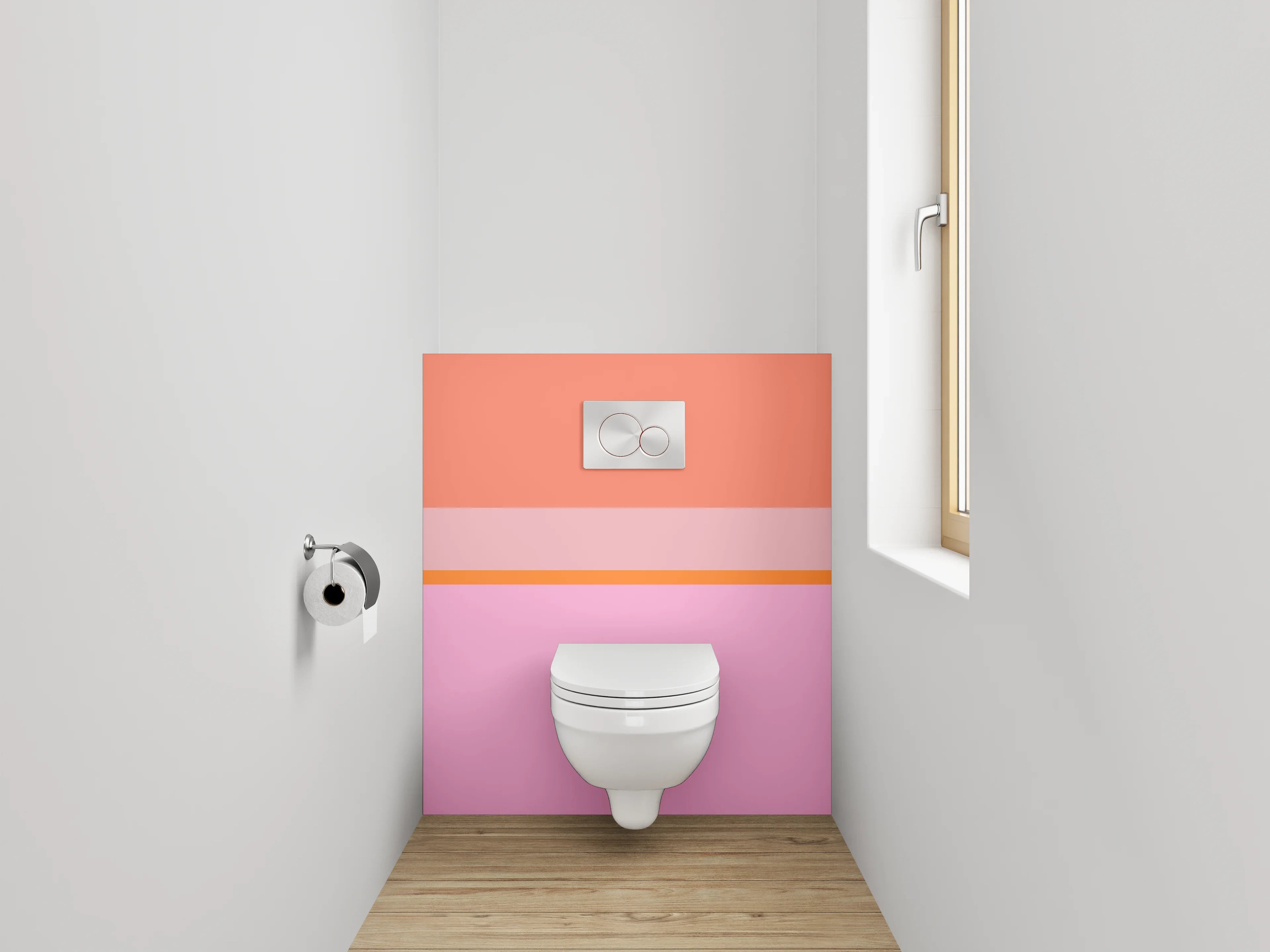 WC-Rückwand - Geometrisches Farbspiel in Rosa und Orange