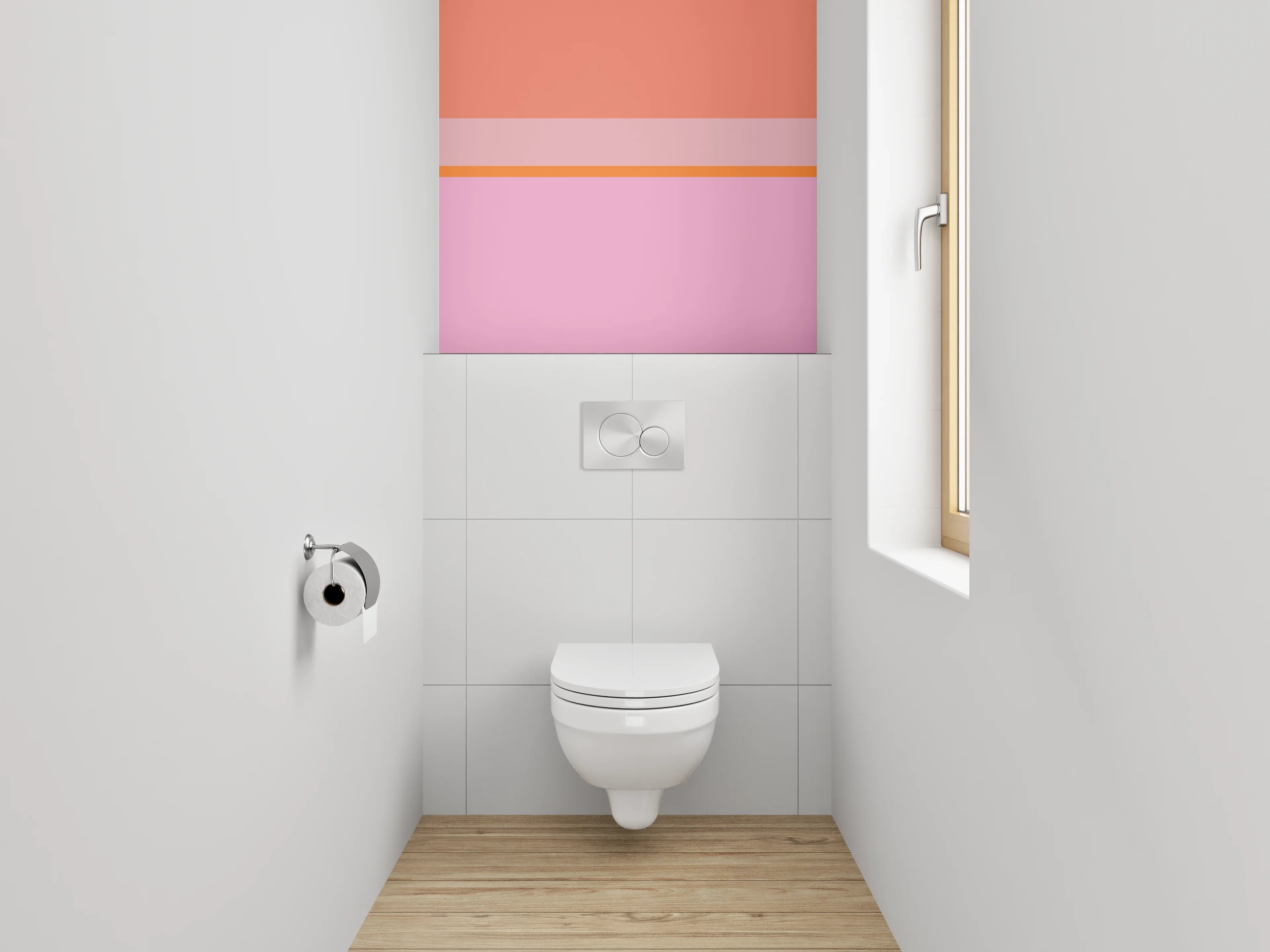 WC-Rückwand - Geometrisches Farbspiel in Rosa und Orange