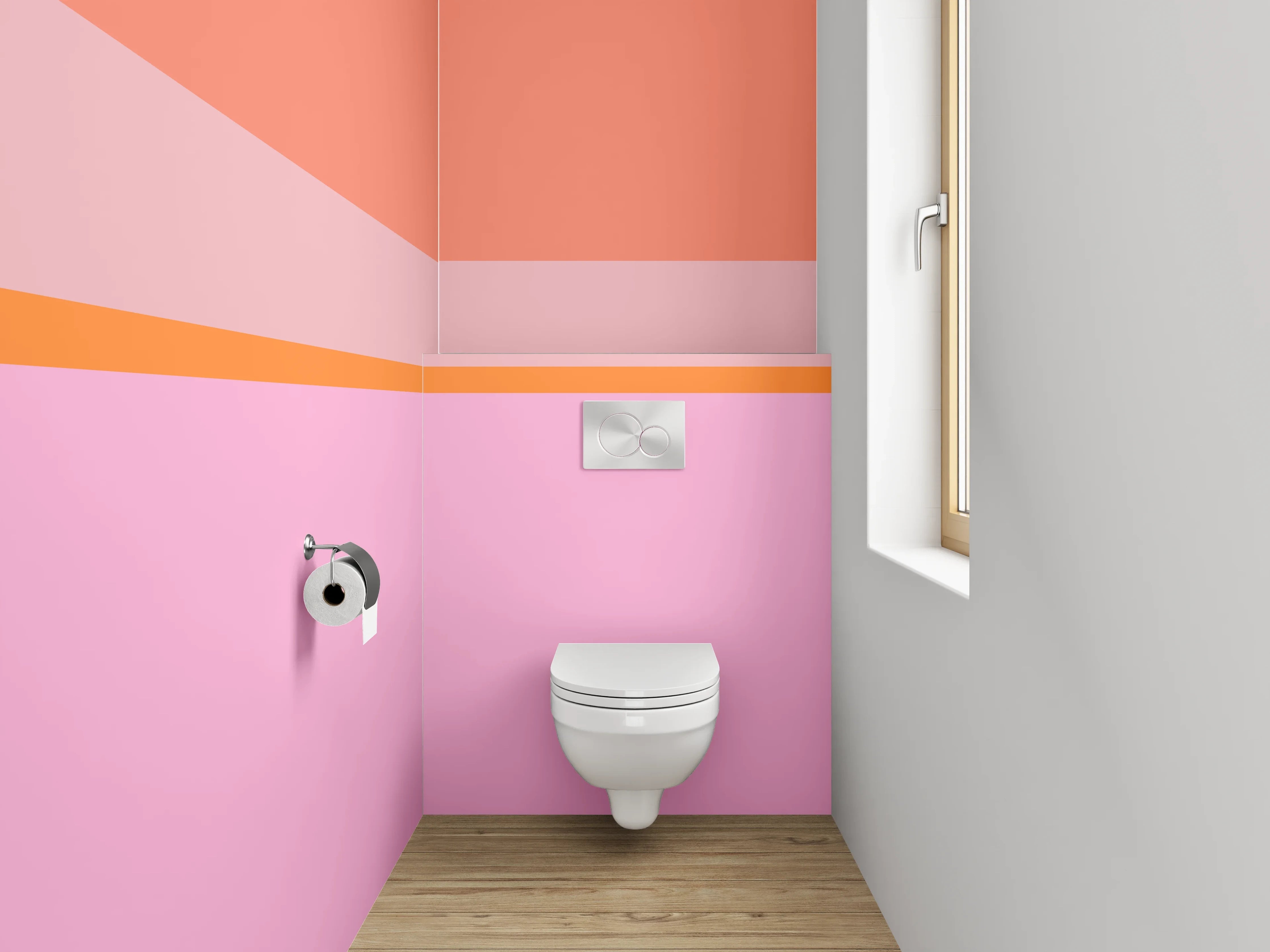WC-Rückwand - Geometrisches Farbspiel in Rosa und Orange