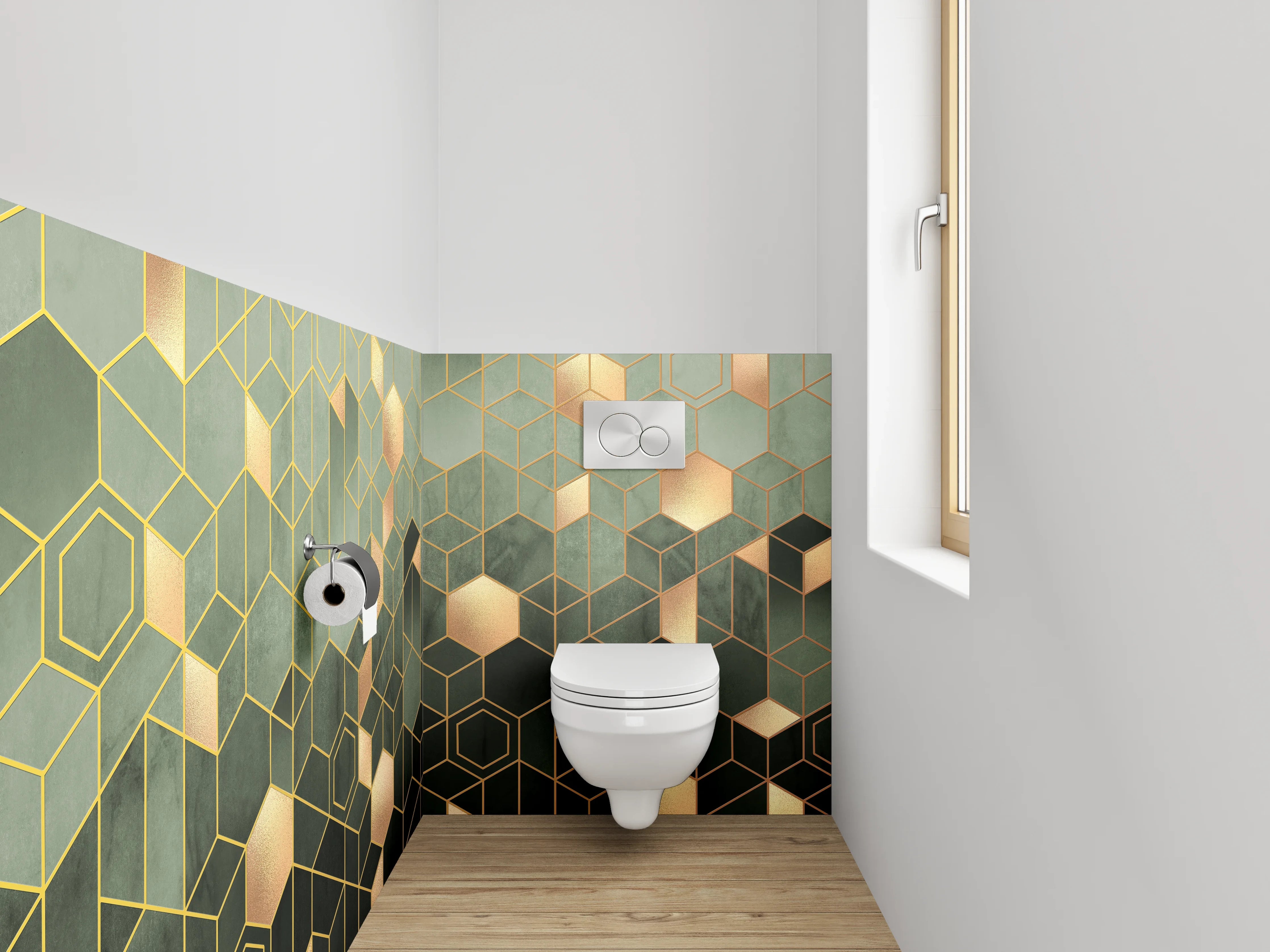 WC-Rückwand - Geometrisches Gold Muster auf Grün