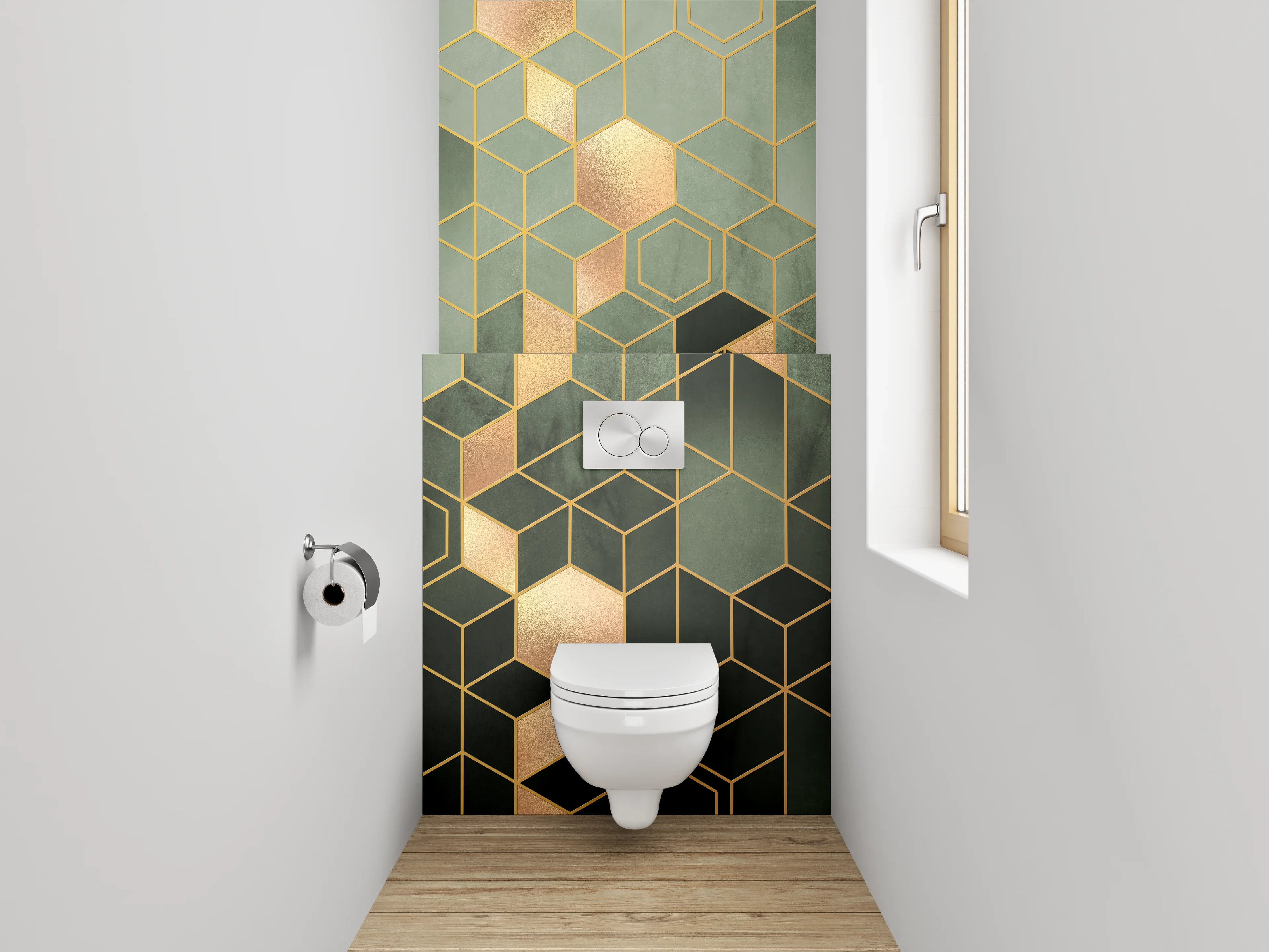 WC-Rückwand - Geometrisches Gold Muster auf Grün