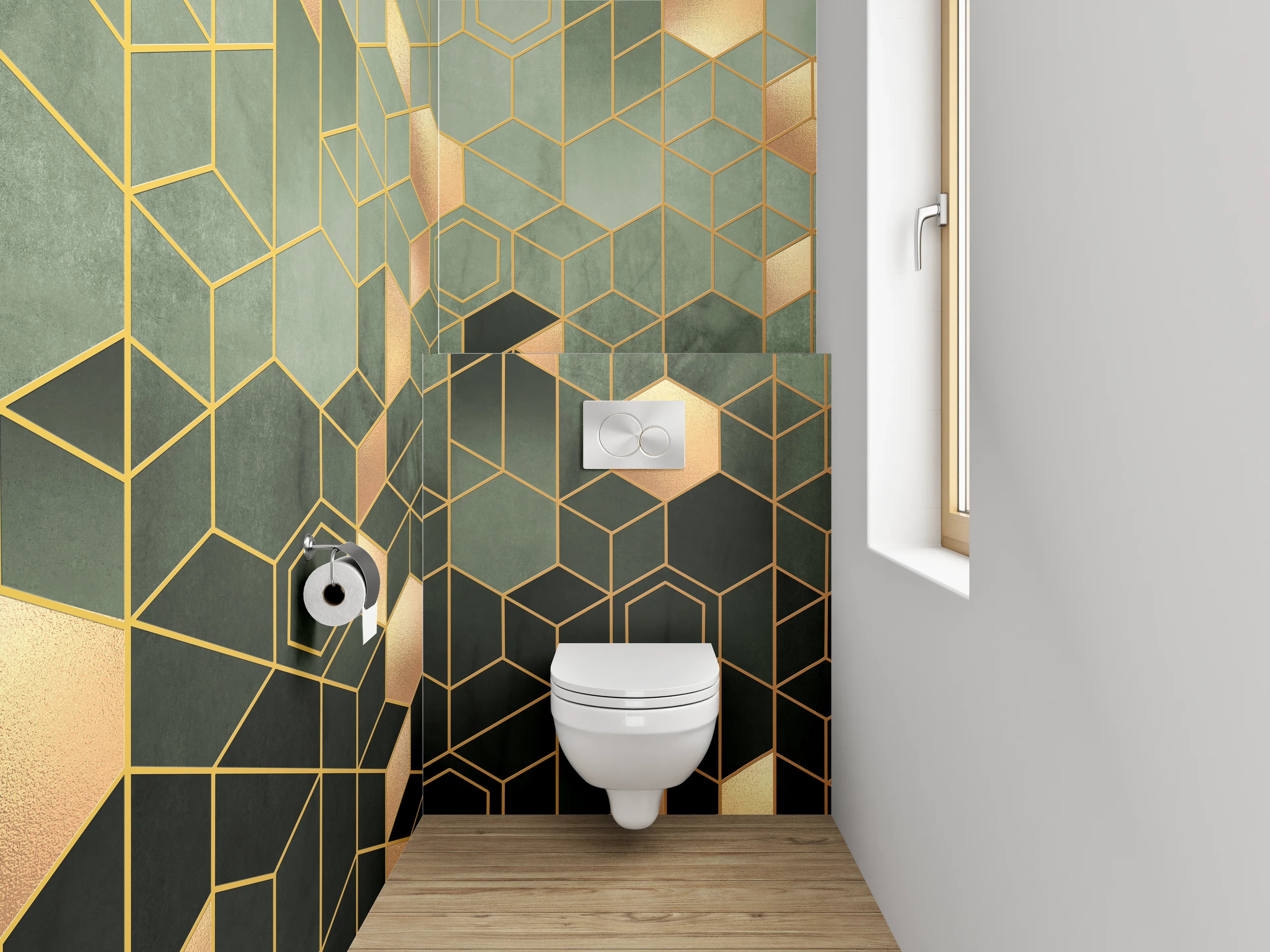 WC-Rückwand - Geometrisches Gold Muster auf Grün