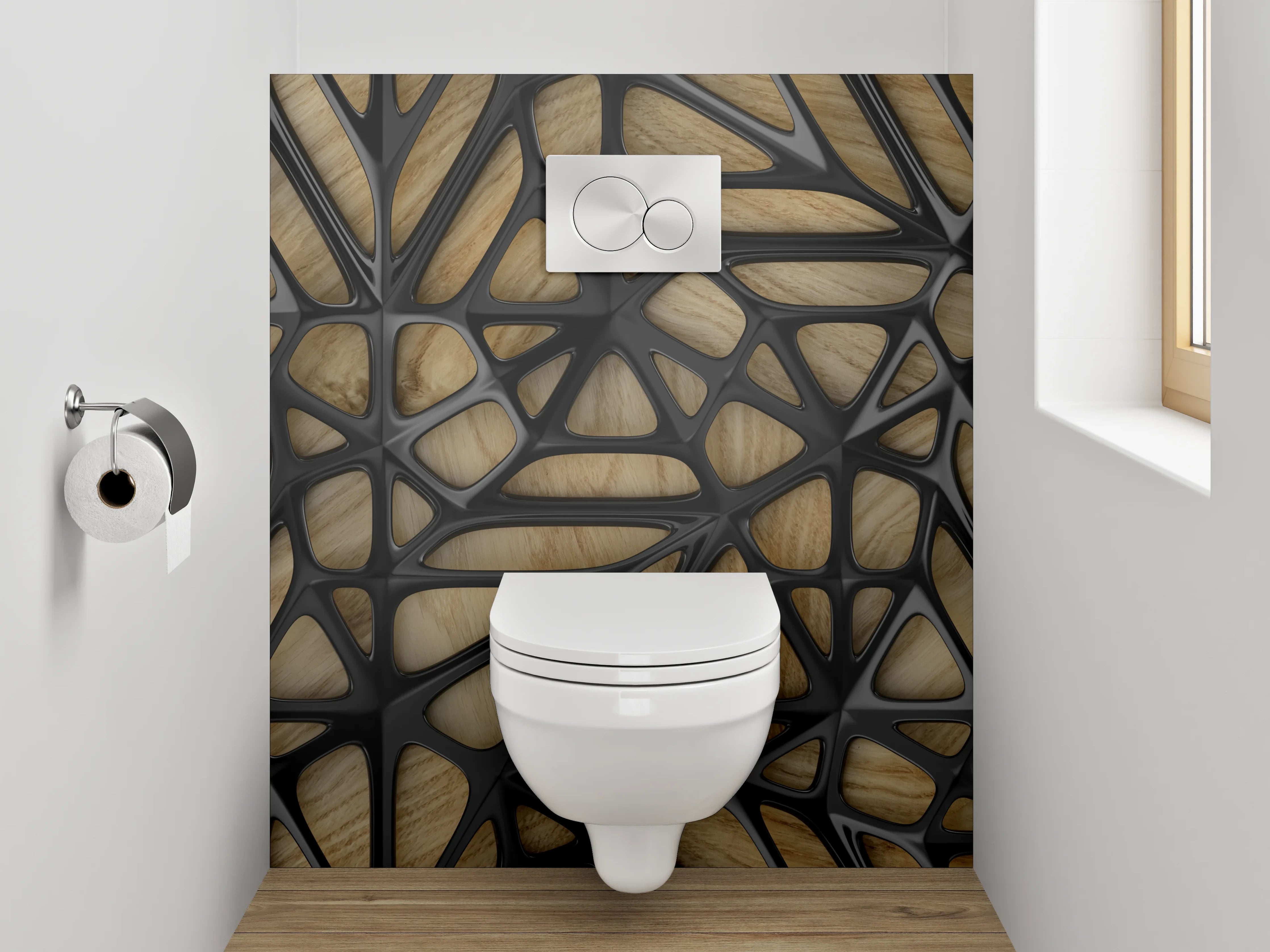 WC-Rückwand - Geometrisches Holz-Muster mit Schwarz