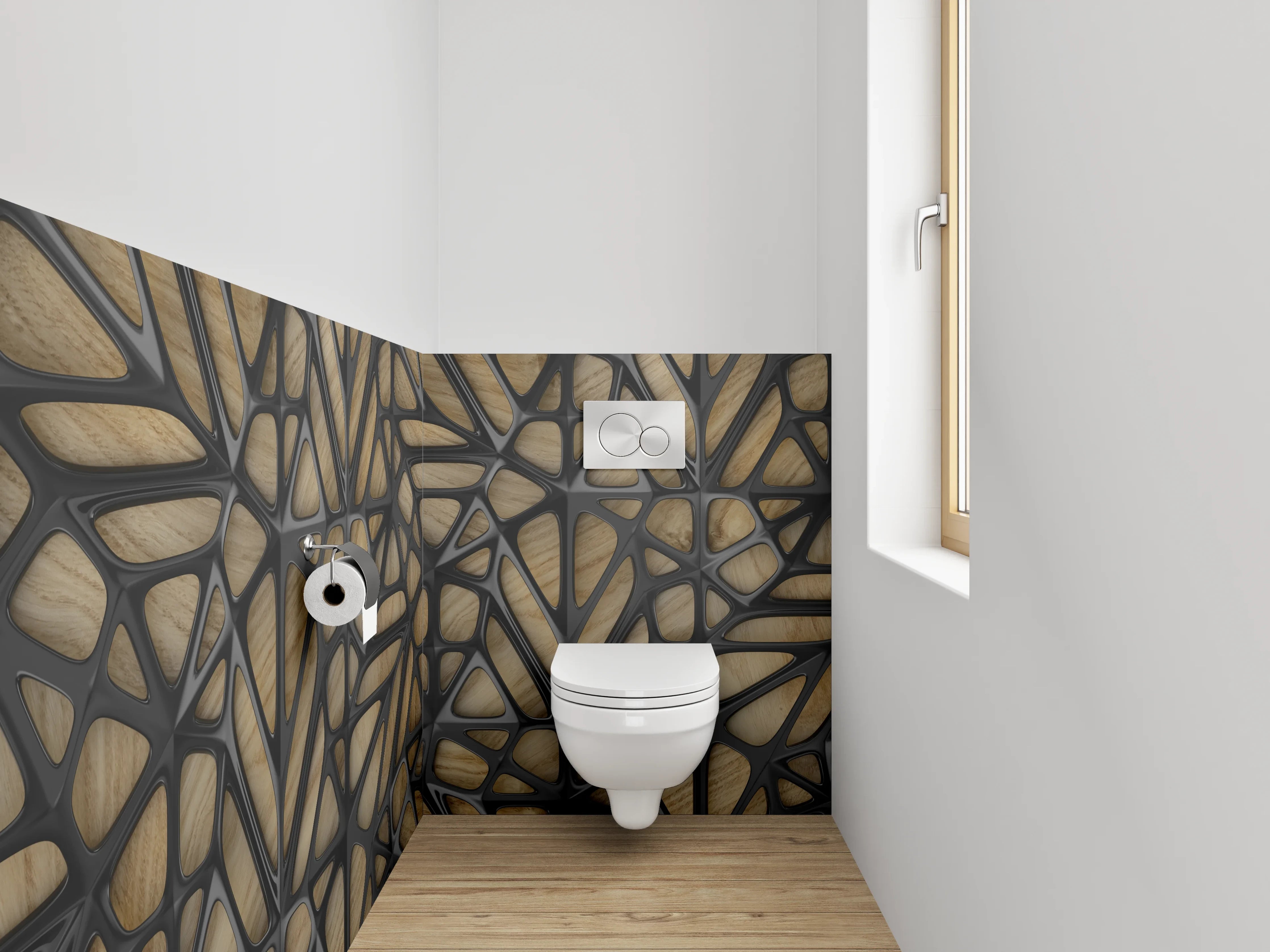 WC-Rückwand - Geometrisches Holz-Muster mit Schwarz